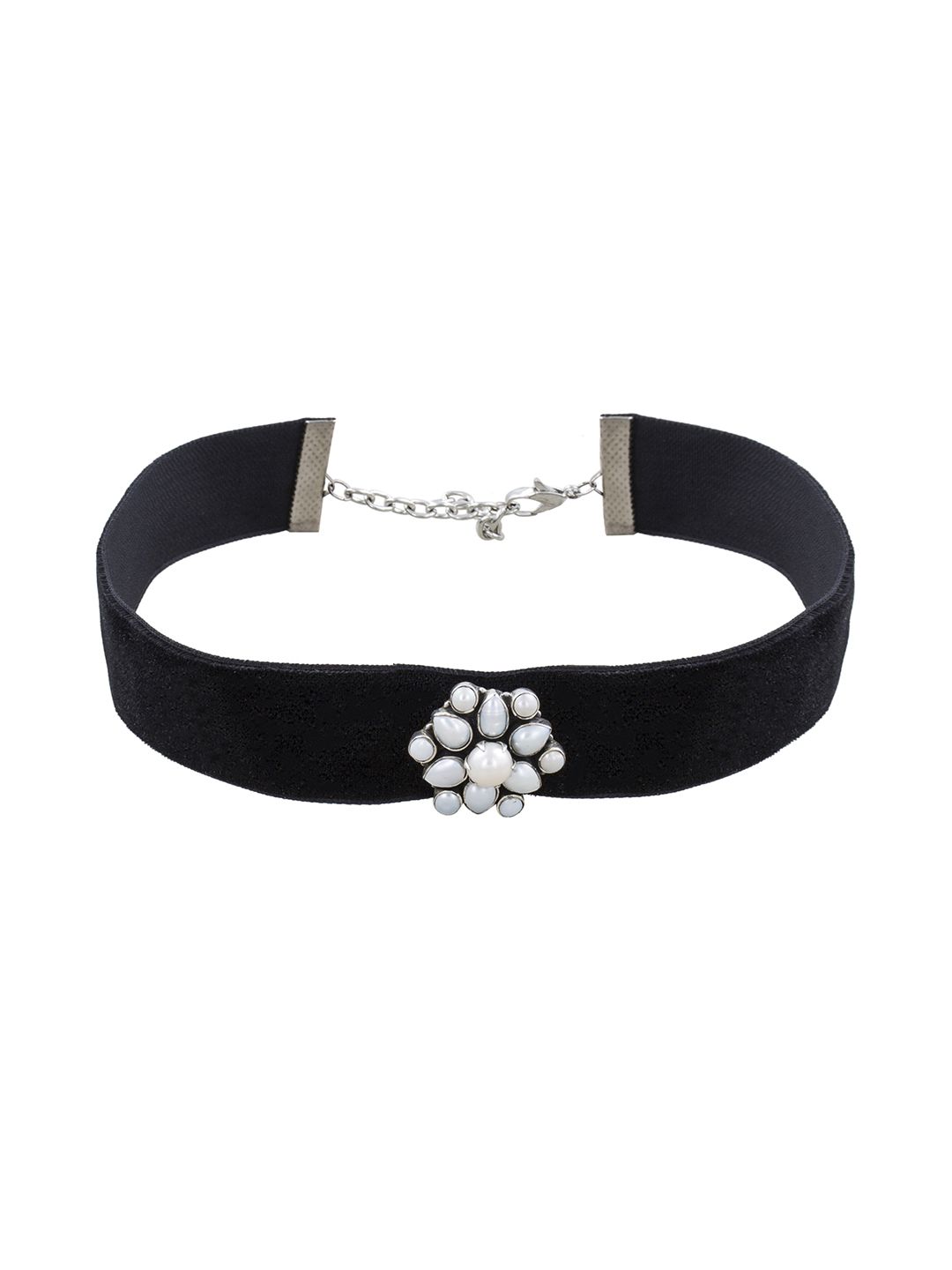 ahilya Black Choker Necklace With Pearl Studded Sterling Silver Centrepiece Price in India