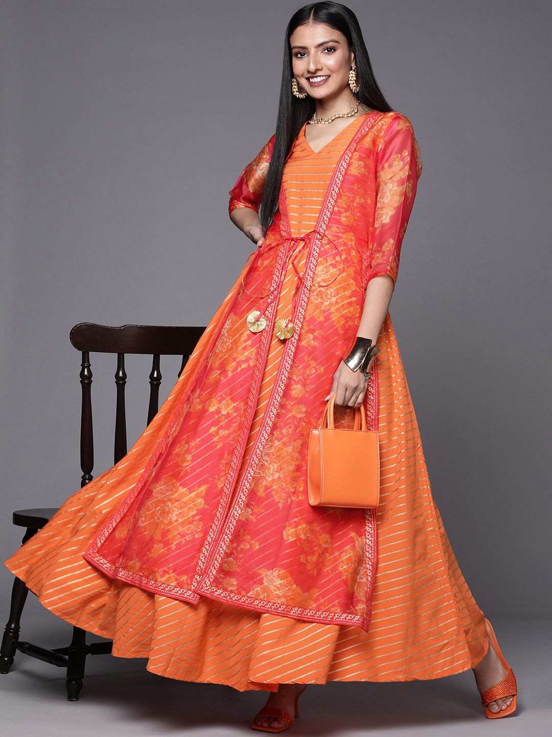 Ahalyaa Orange Striped Ethnic Maxi Dress Price in India