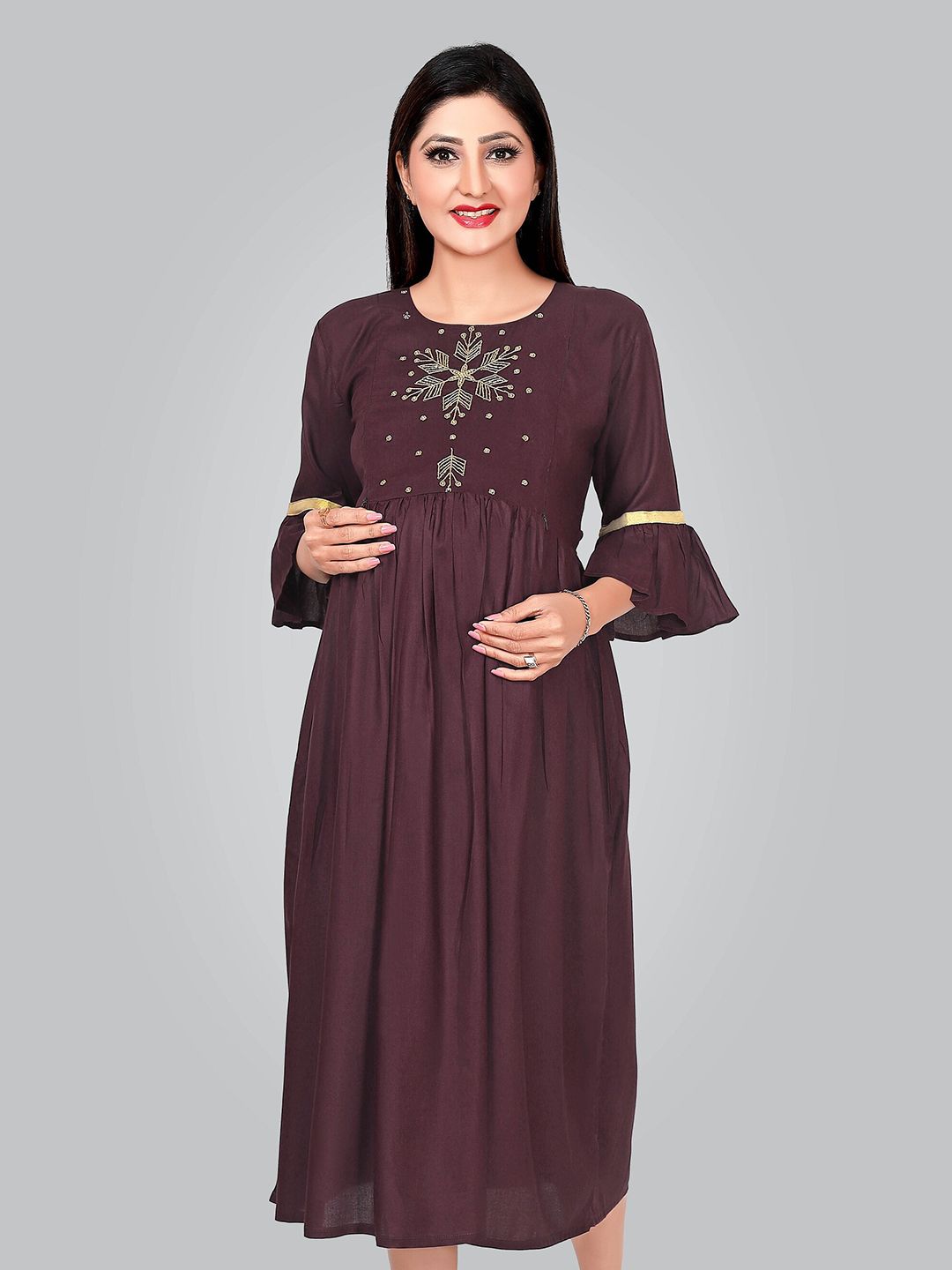 Ayukti Women Coffee Brown Maternity Midi Dress Price in India