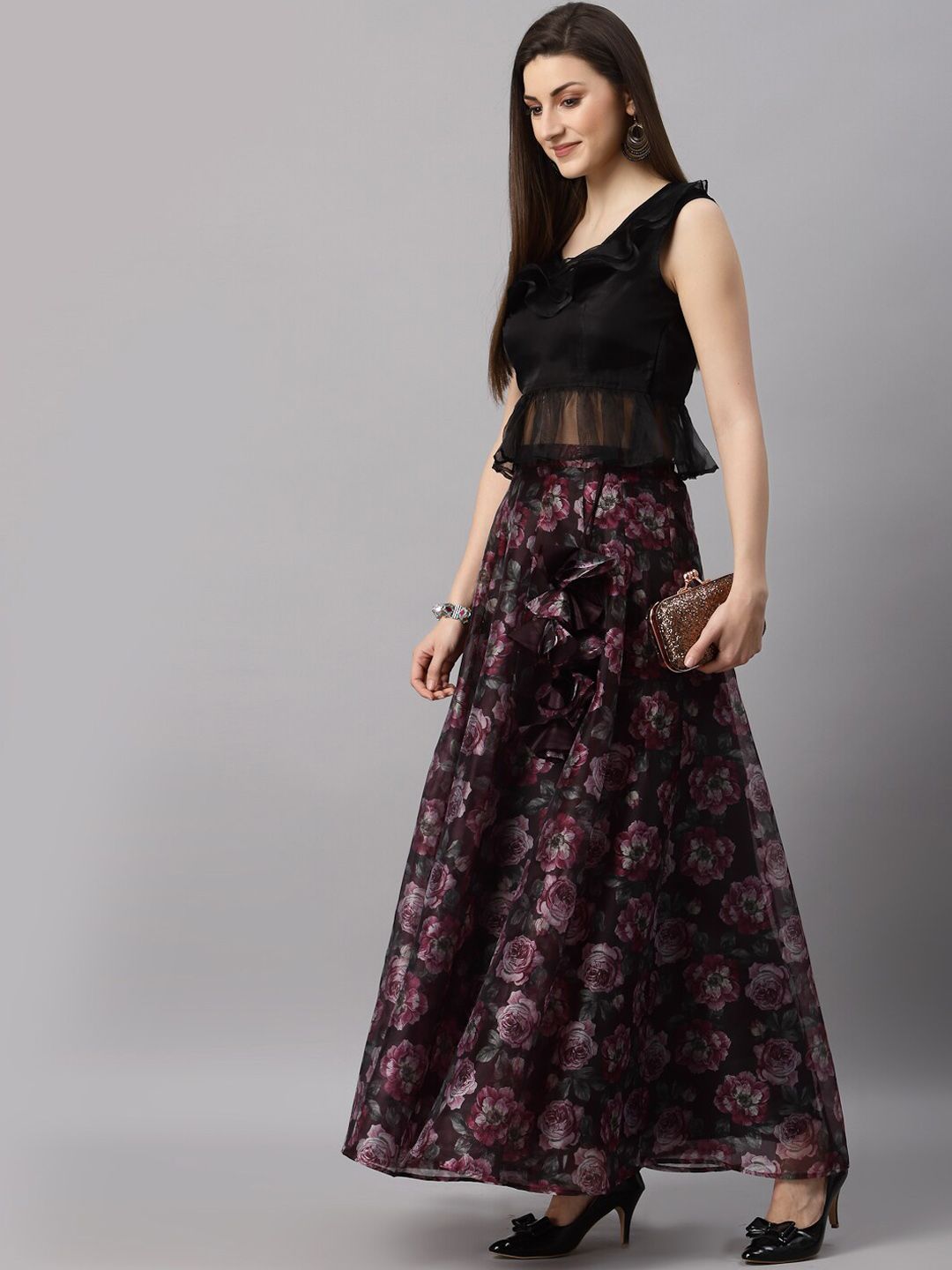 NEUDIS Women Purple & Black Printed Flared Maxi Skirt With Top Price in India