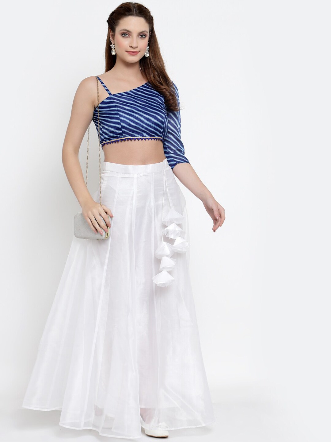 NEUDIS Women White & Blue Solid Organza Flared Maxi Lehenga Skirt With Top Price in India