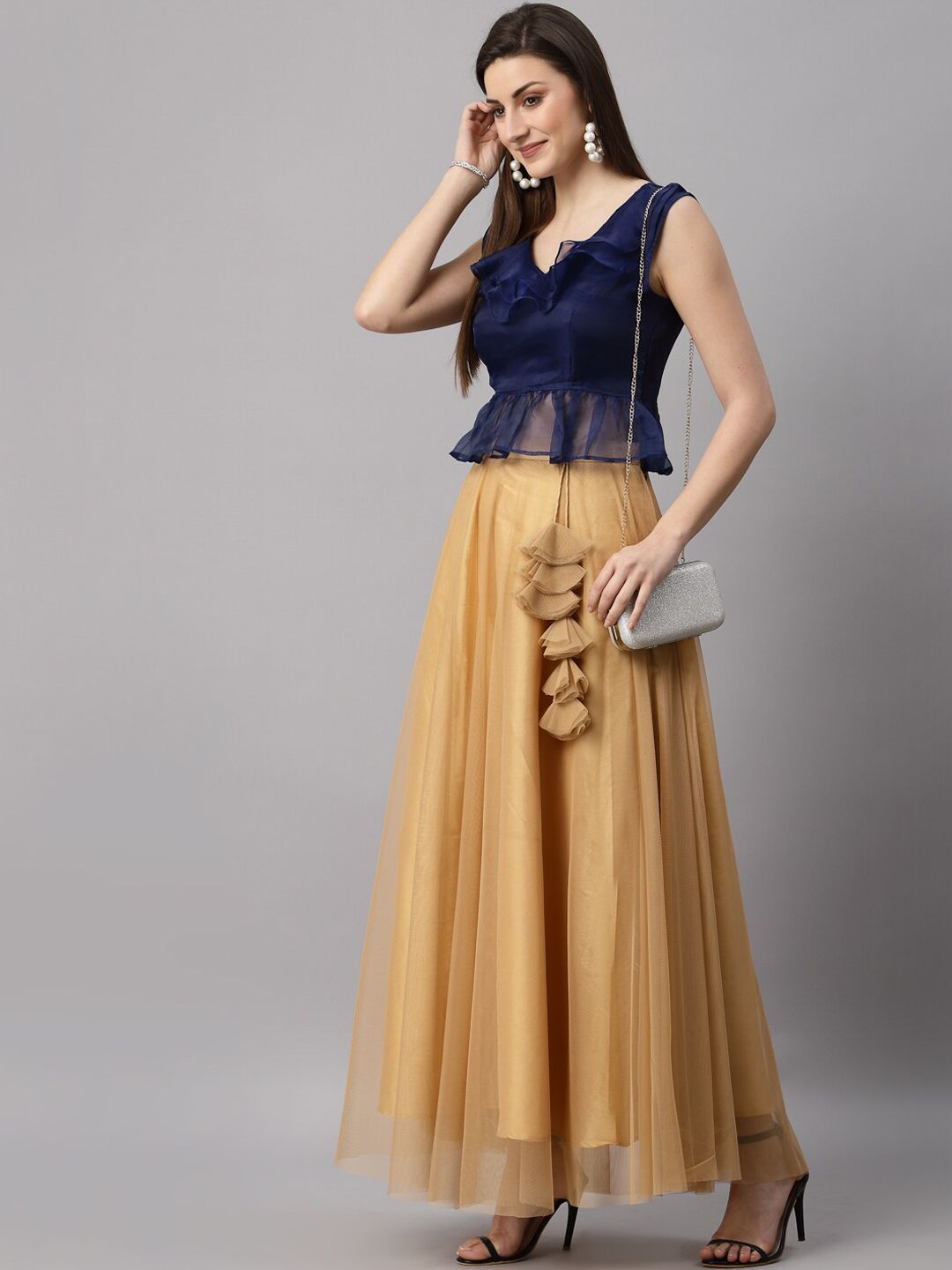 NEUDIS Women Beige & Navy Solid Net Flared Maxi Lehenga Skirt With Top Price in India