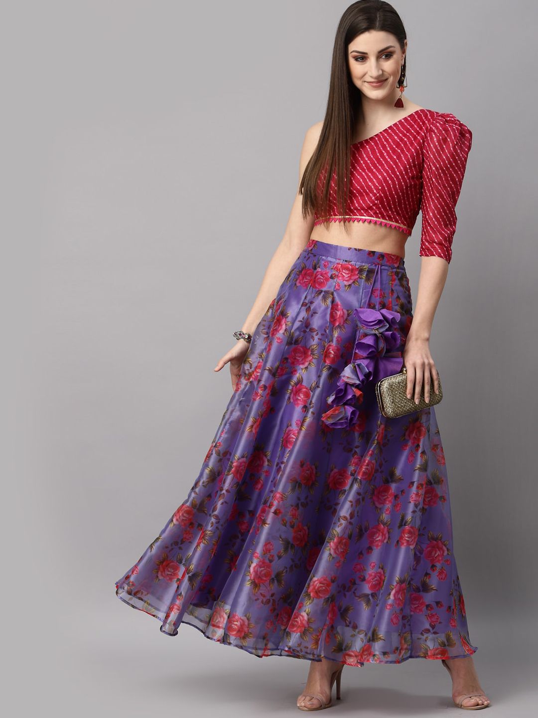 NEUDIS Women Purple & Maroon Printed Flared Maxi Skirt With Top Price in India