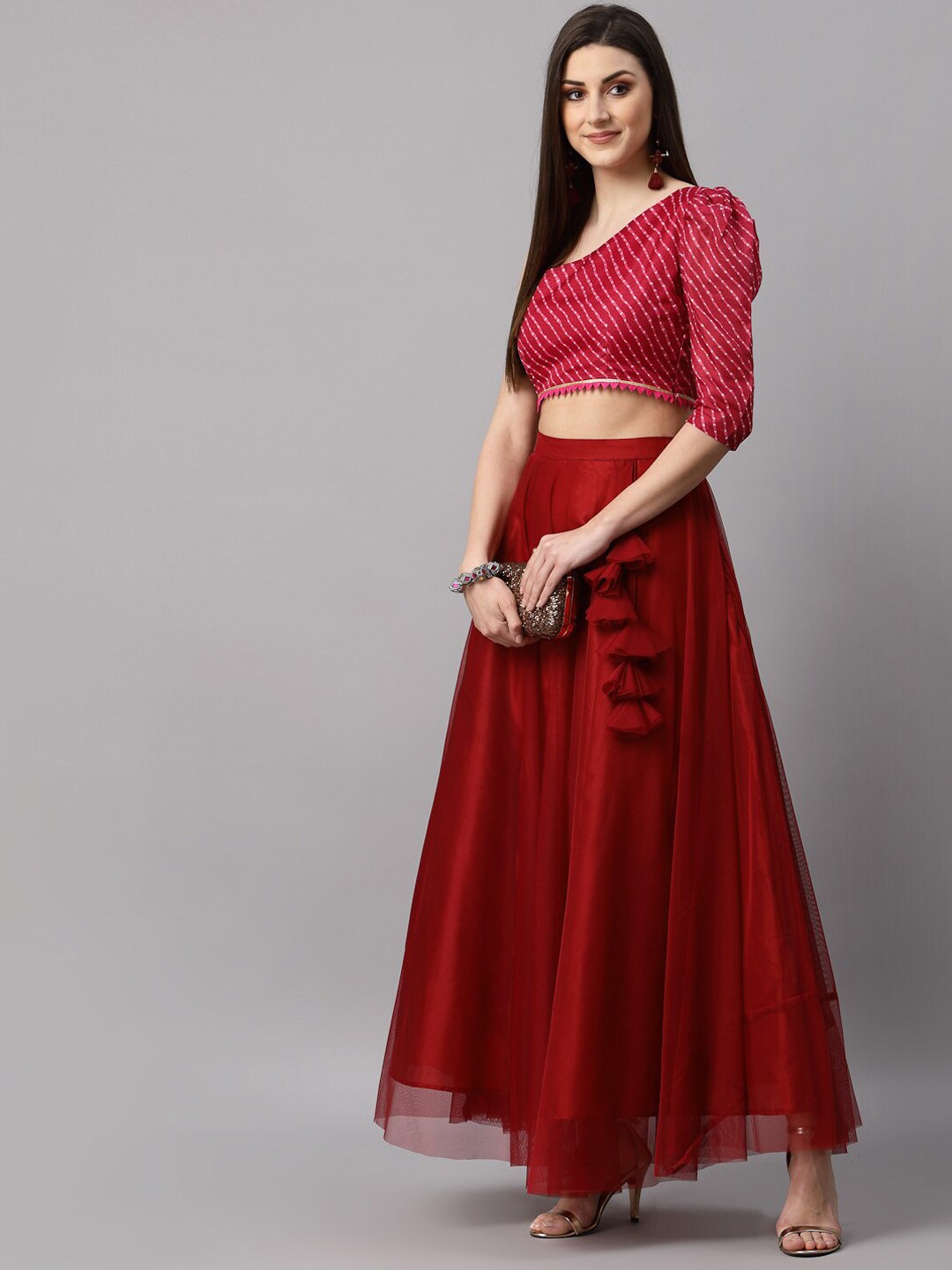 NEUDIS Women Maroon Solid Net Flared Maxi Lehenga Skirt With Top Price in India