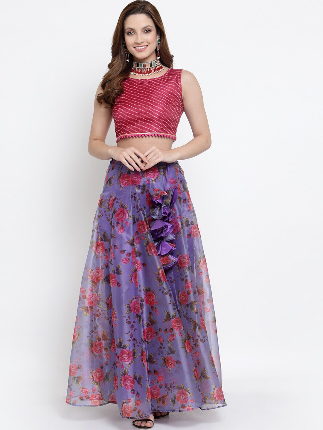 NEUDIS Women Purple & Maroon Printed Organza Flared Maxi Lehenga Skirt With Crop Top Price in India