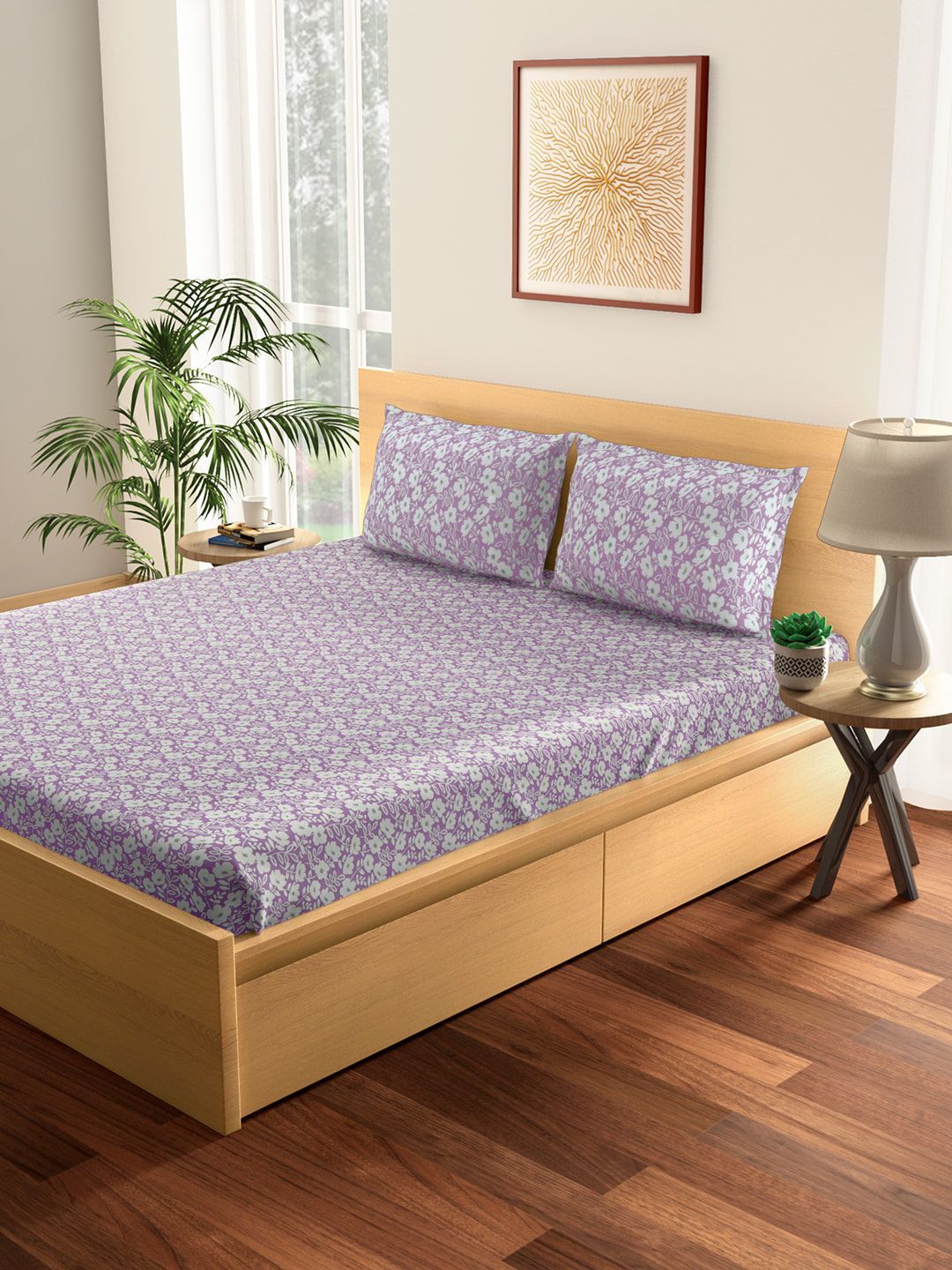 Living scapes by Pantaloons Purple 128 TC Floral King Bedsheet with 2 Pillow Covers Price in India