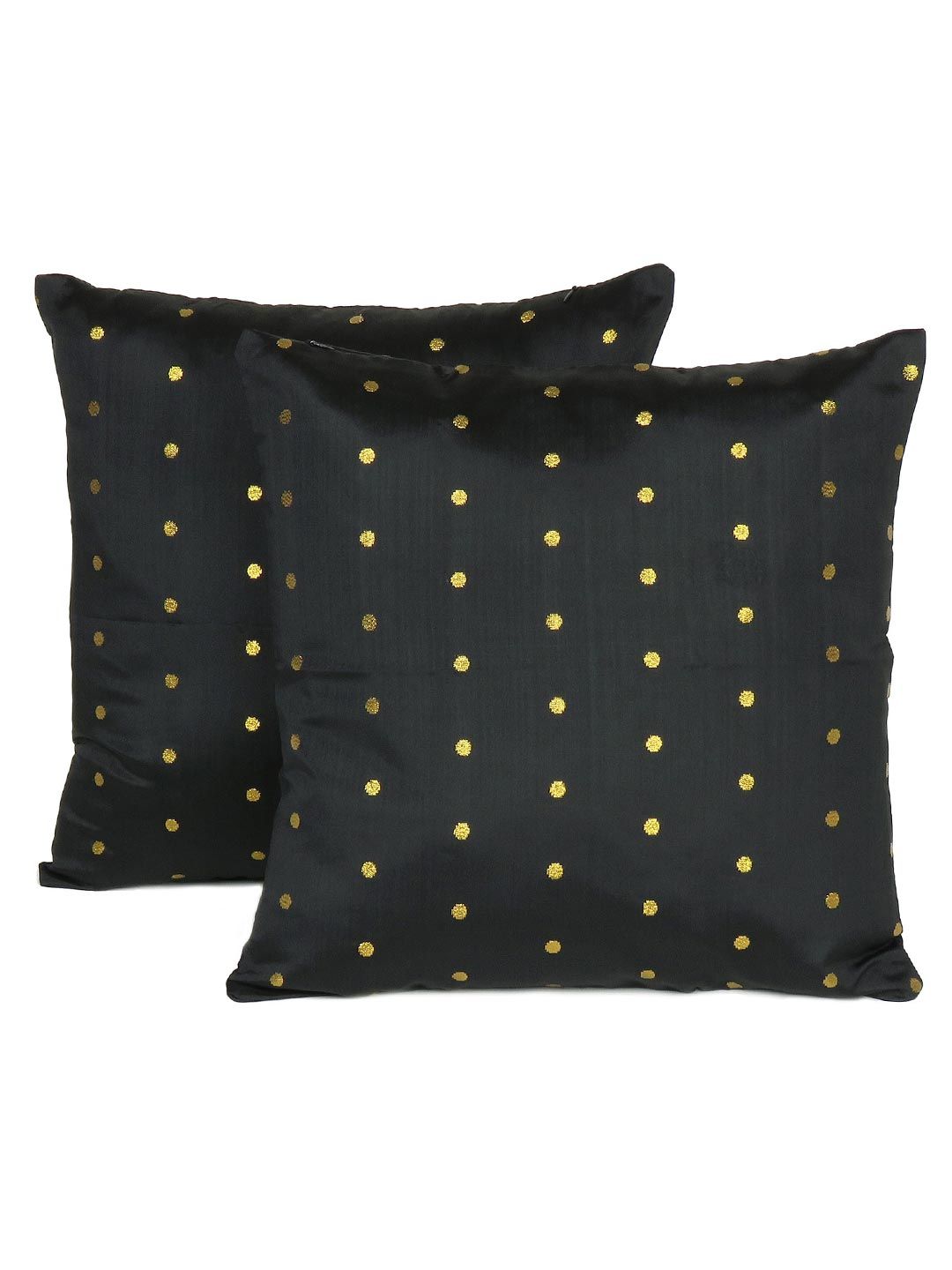 OUSSUM Black & Gold-Toned Pack of 2 Geometric Square Silk Cushion Cover With Zipper Price in India