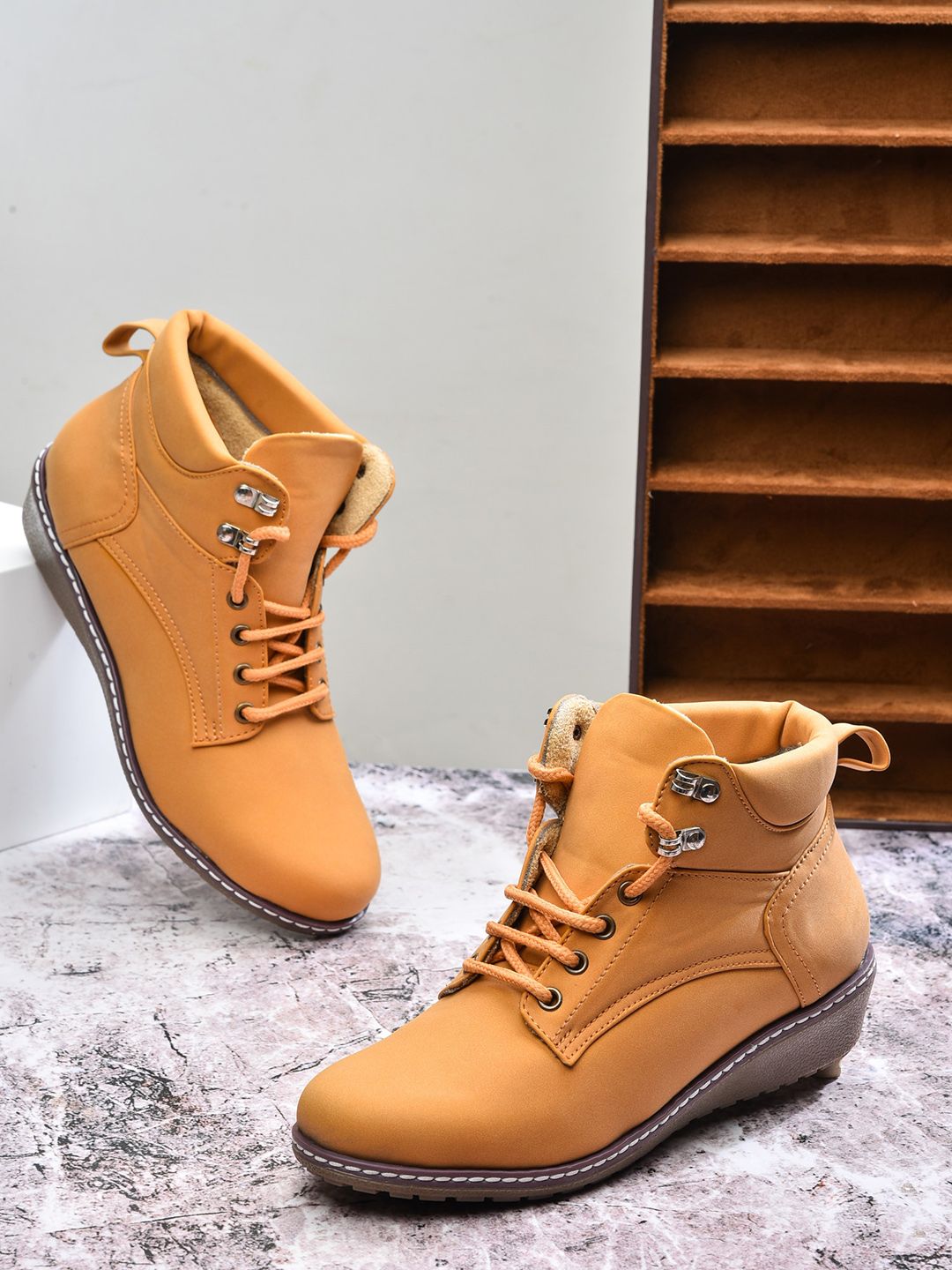 VALIOSAA Women Beige Solid Heeled Boots