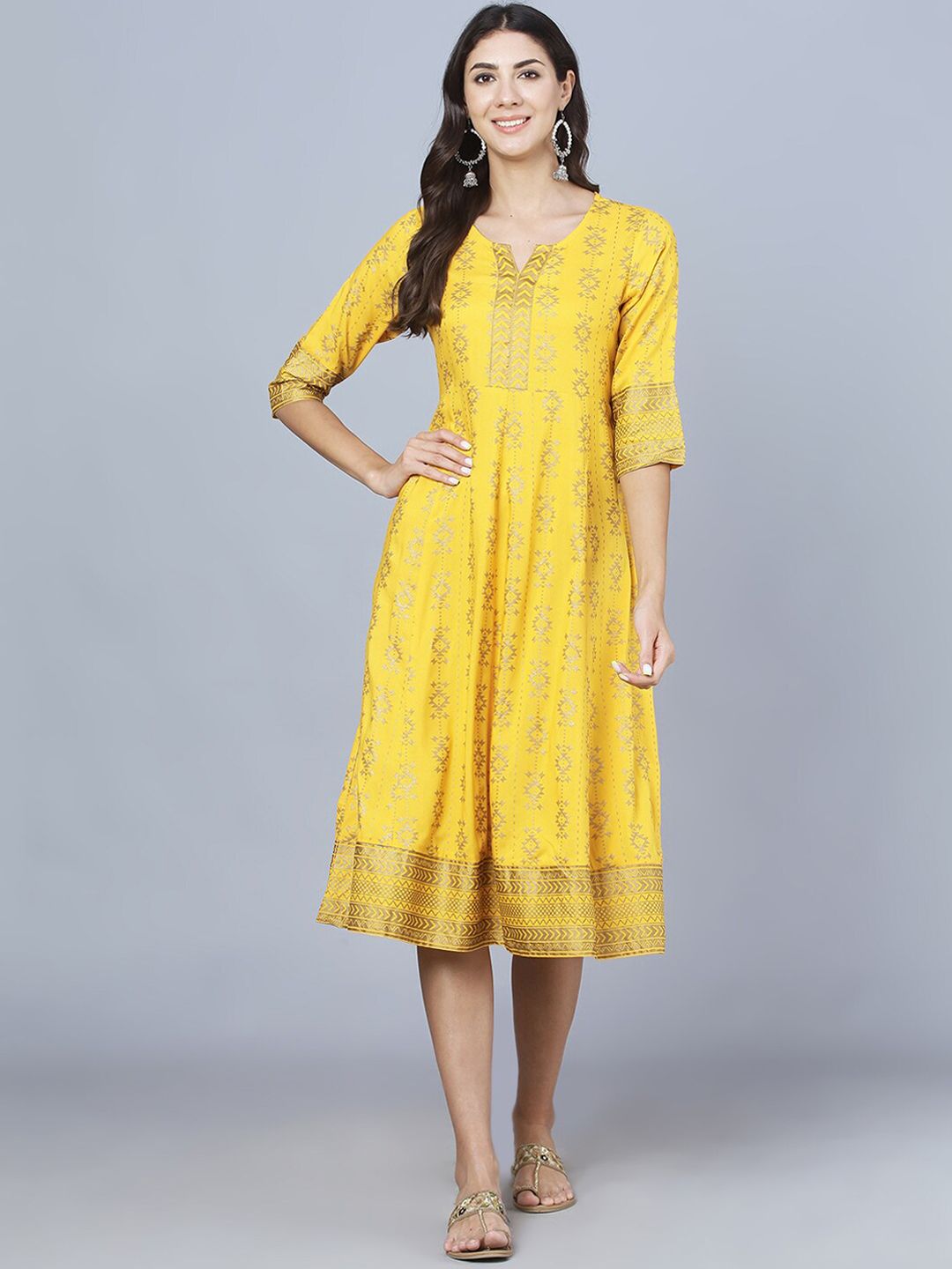 DAAMINA Women Yellow Printed Flared Ethnic Dresses Price in India