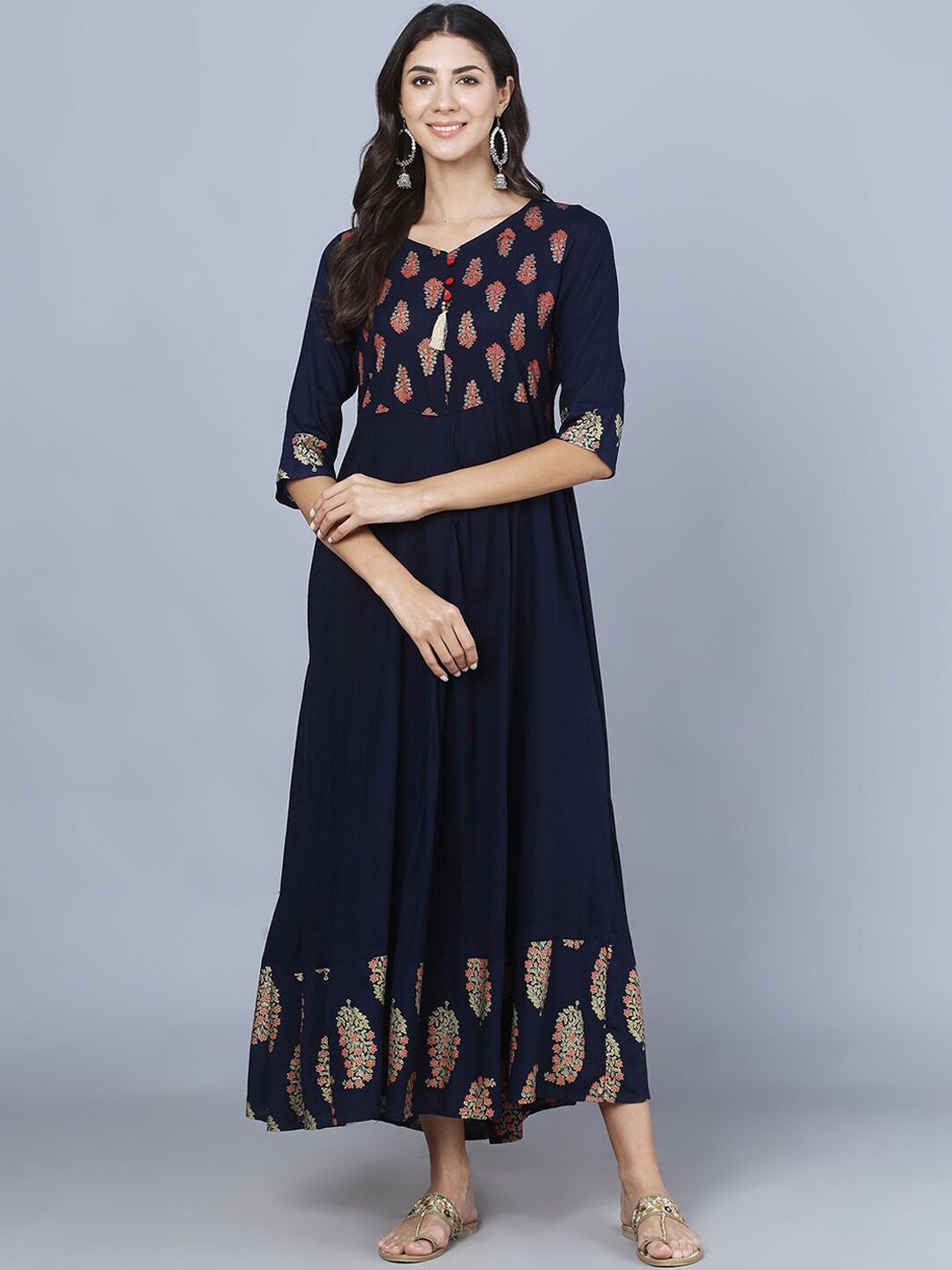 DAAMINA Women Blue Printed Flared Maxi Dress Price in India