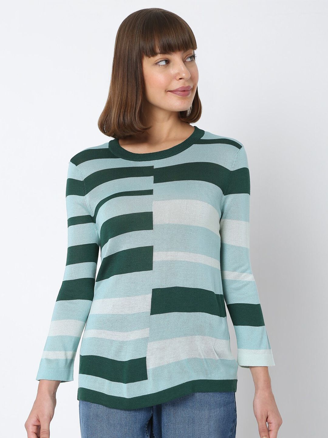 Vero Moda Women Green & Blue Striped Sweater Price in India