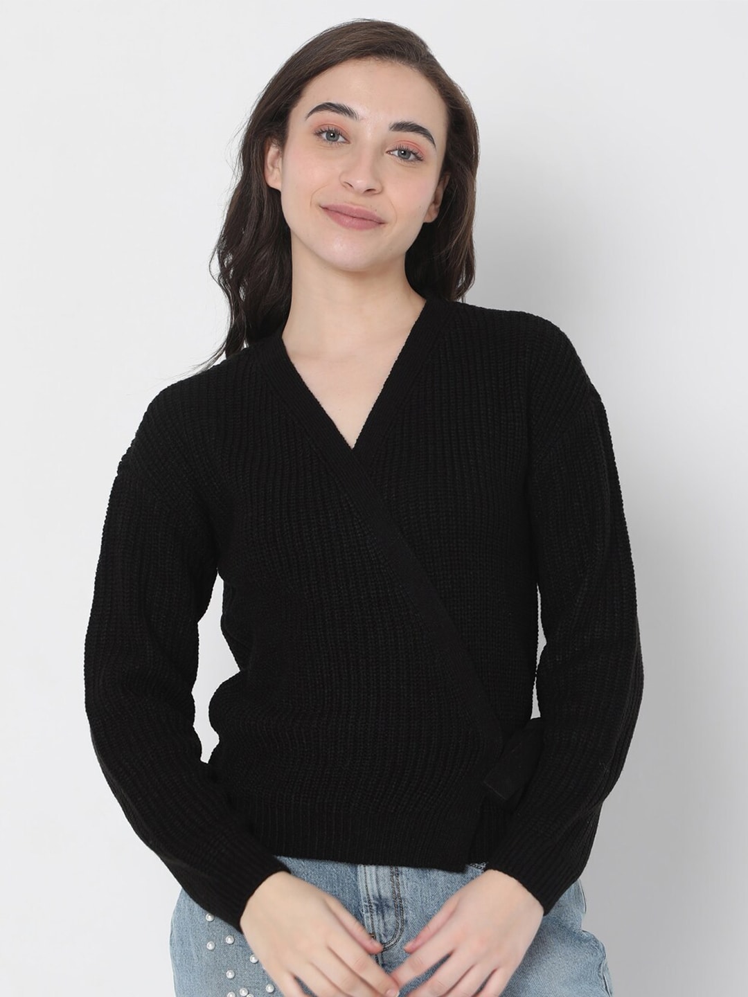 Vero Moda Women Black Cable Knit Pullover Sweater Price in India