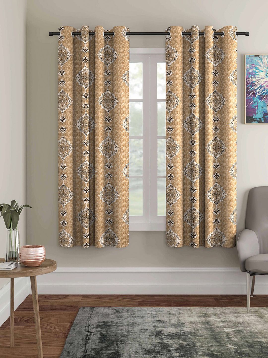 ROMEE Gold-Toned & White Set of 2 Ethnic Motifs Room Darkening Window Curtain Price in India