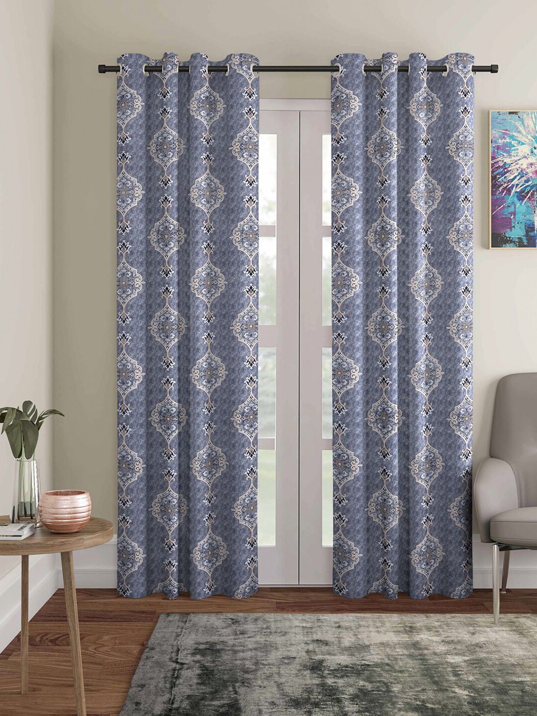 ROMEE Set of 2 Blue Ethnic Motifs Room Darkening Door Curtain Price in India