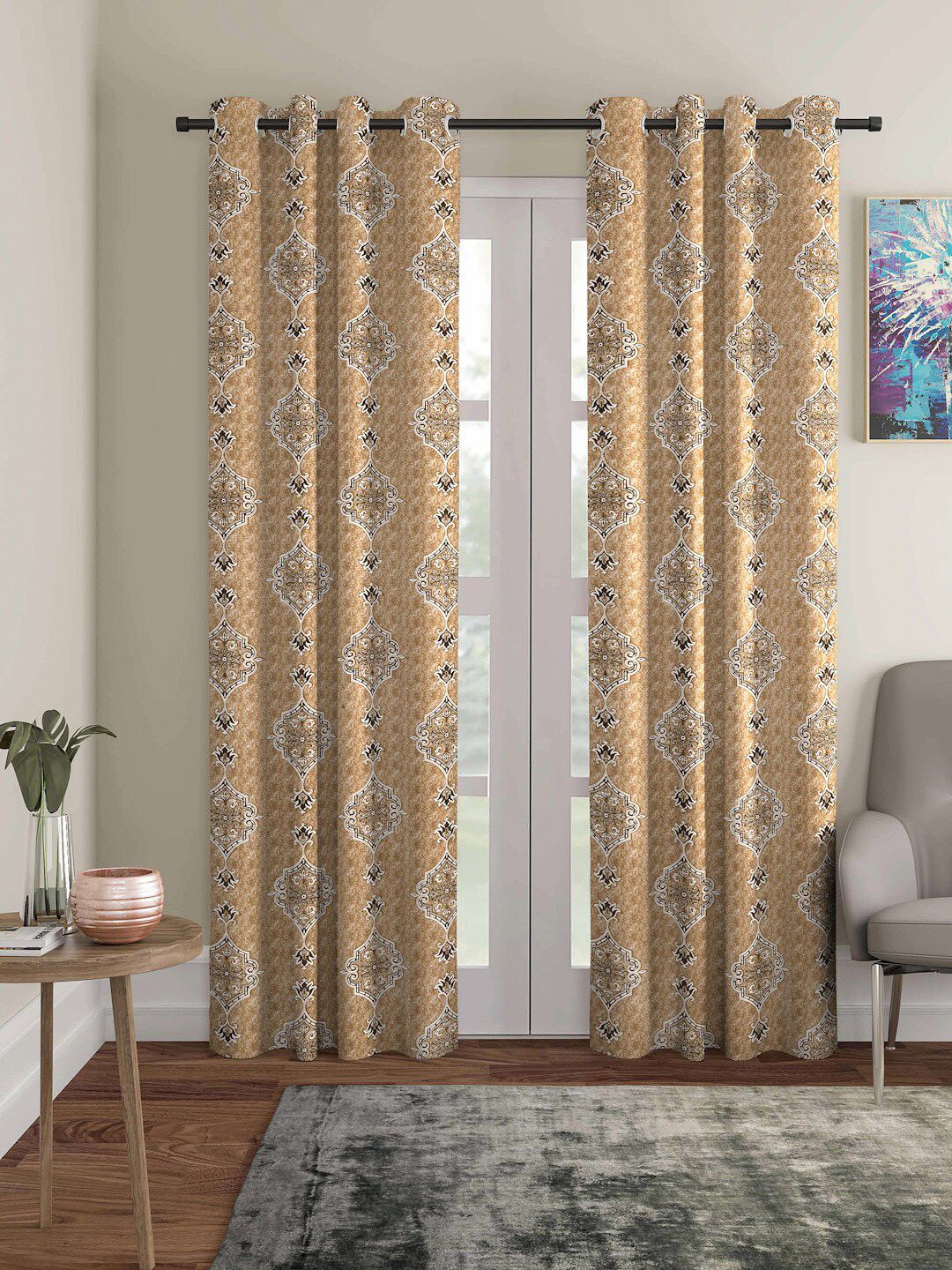 ROMEE Set of 2 Gold-Toned & White Ethnic Motifs Room Darkening Long Door Curtain Price in India