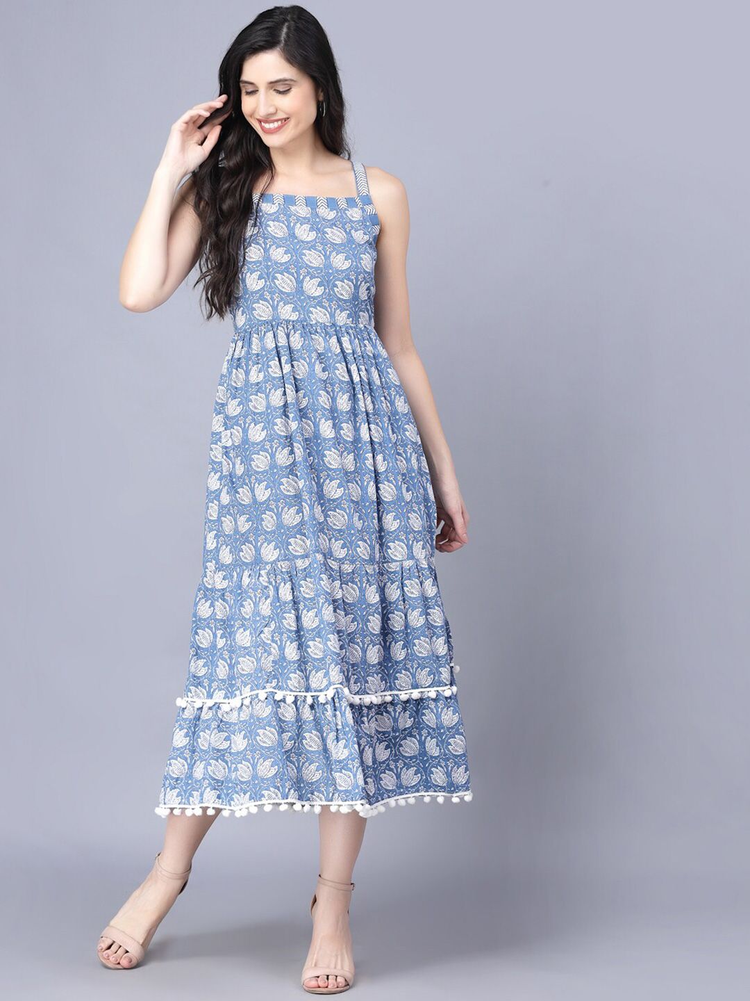 Myshka Women Blue Printed Shoulder Strap Pom Pom Detail Midi Dress Price in India