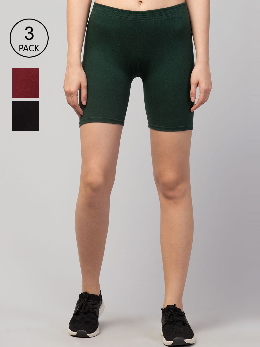 Apraa & Parma Women Pack of 3 Green & Maroon Slim Fit Cycling Shorts Price in India