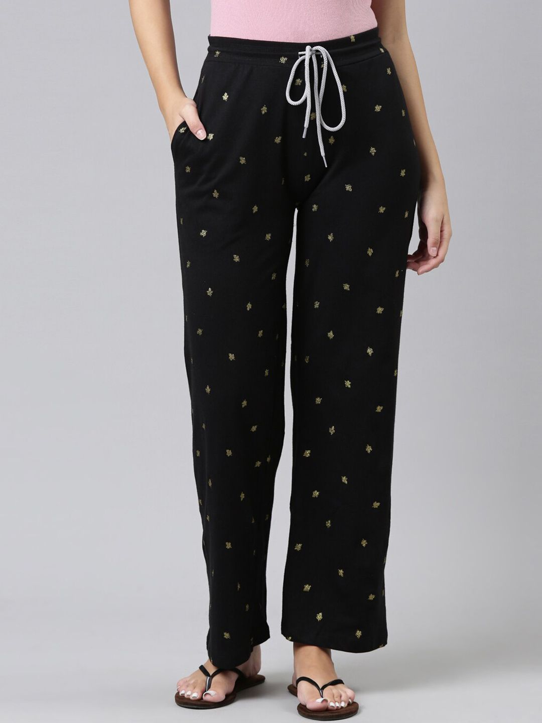 Kryptic Women Black Printed Cotton Parallel-Fit Lounge Pants Price in India