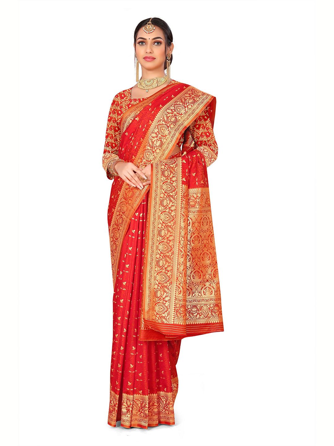 Rivana Orange & Gold-Toned Ethnic Motifs Pure Silk Fusion Banarasi Saree Price in India