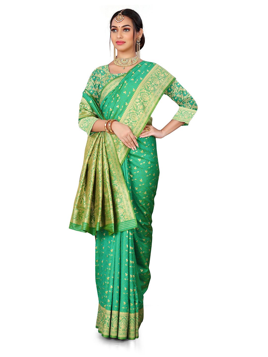 Rivana Green & Gold-Toned Ethnic Motifs Pure Silk Fusion Banarasi Saree Price in India