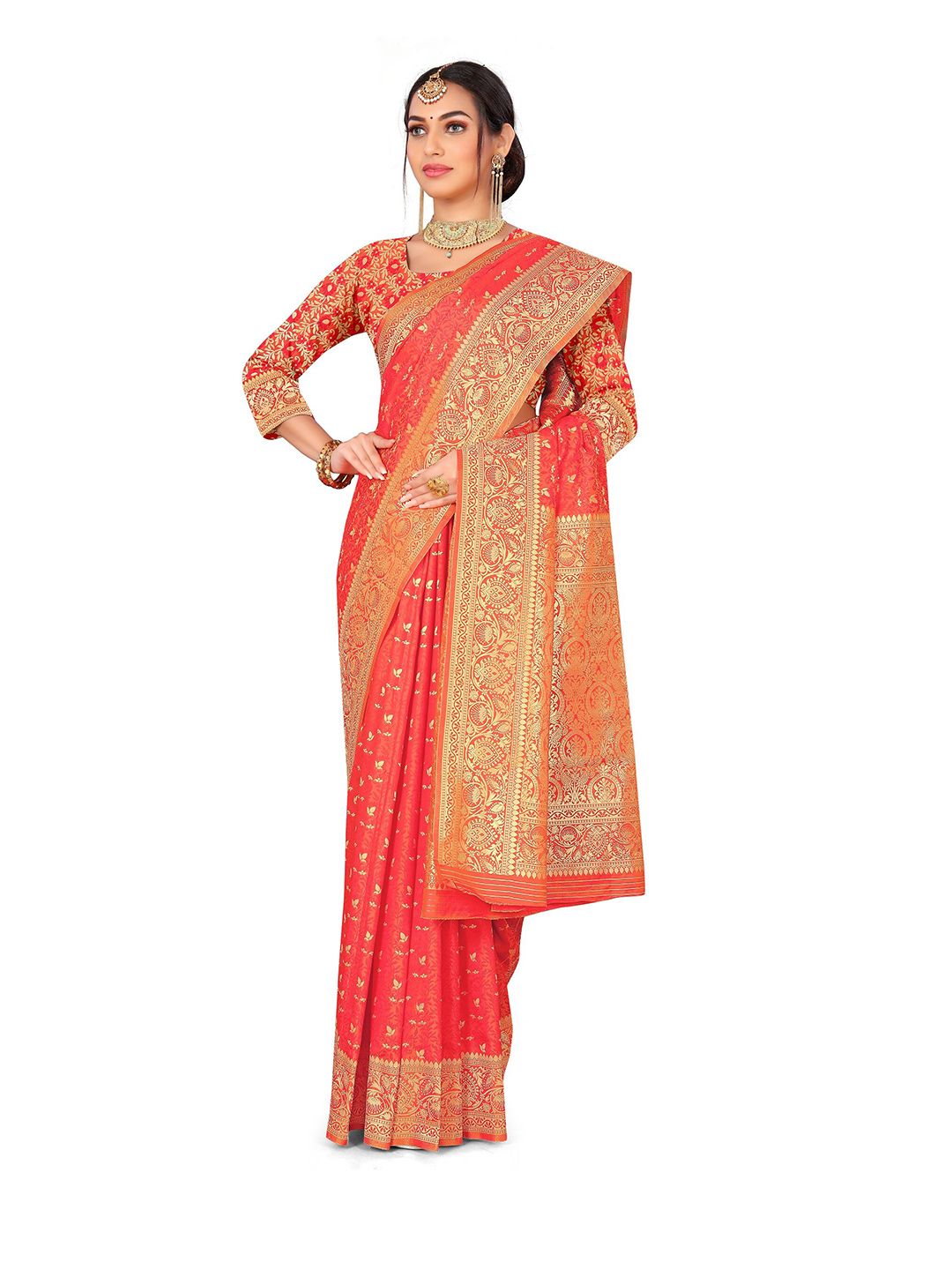Rivana Red & Gold-Toned Ethnic Motifs Zari Pure Silk Fusion Banarasi Saree Price in India