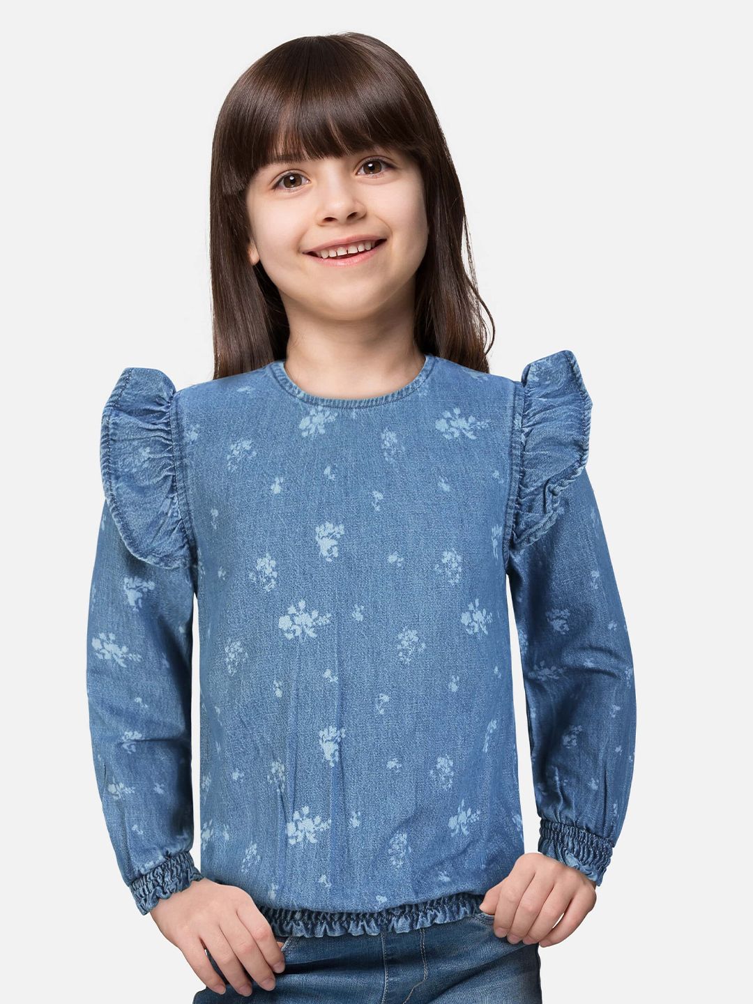 Gini and Jony Blue Floral Print Ruffles Denim Top