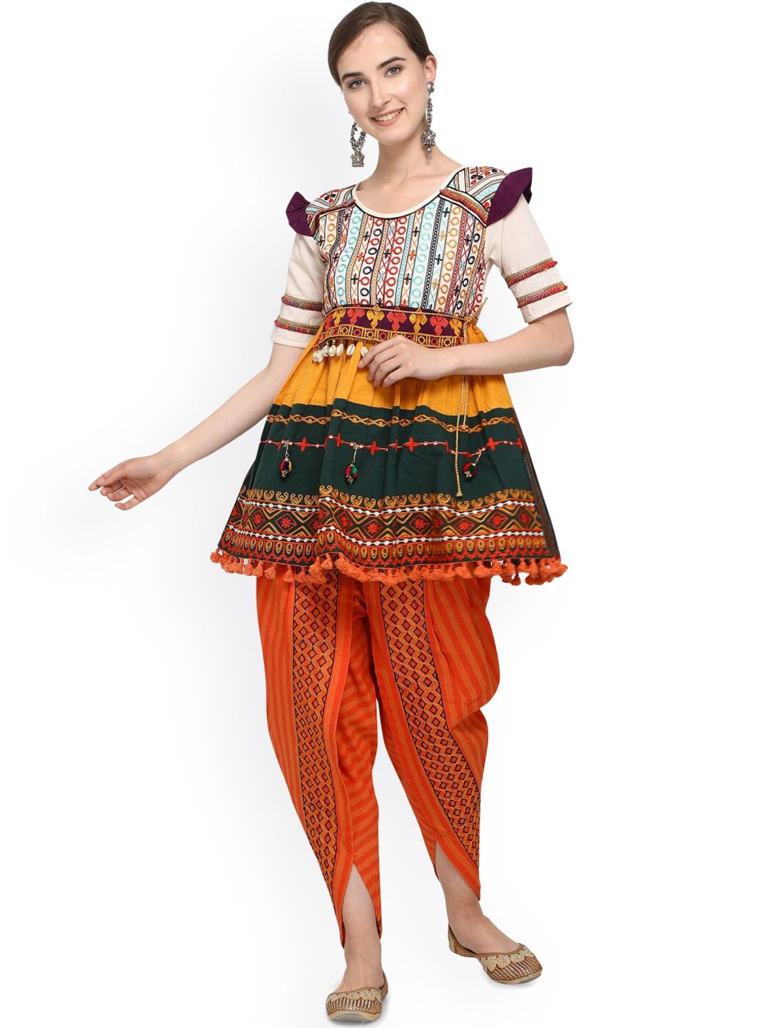 MESMORA FASHION Women White & Orange Embroidered Organic Cotton Co-Ords Set Price in India