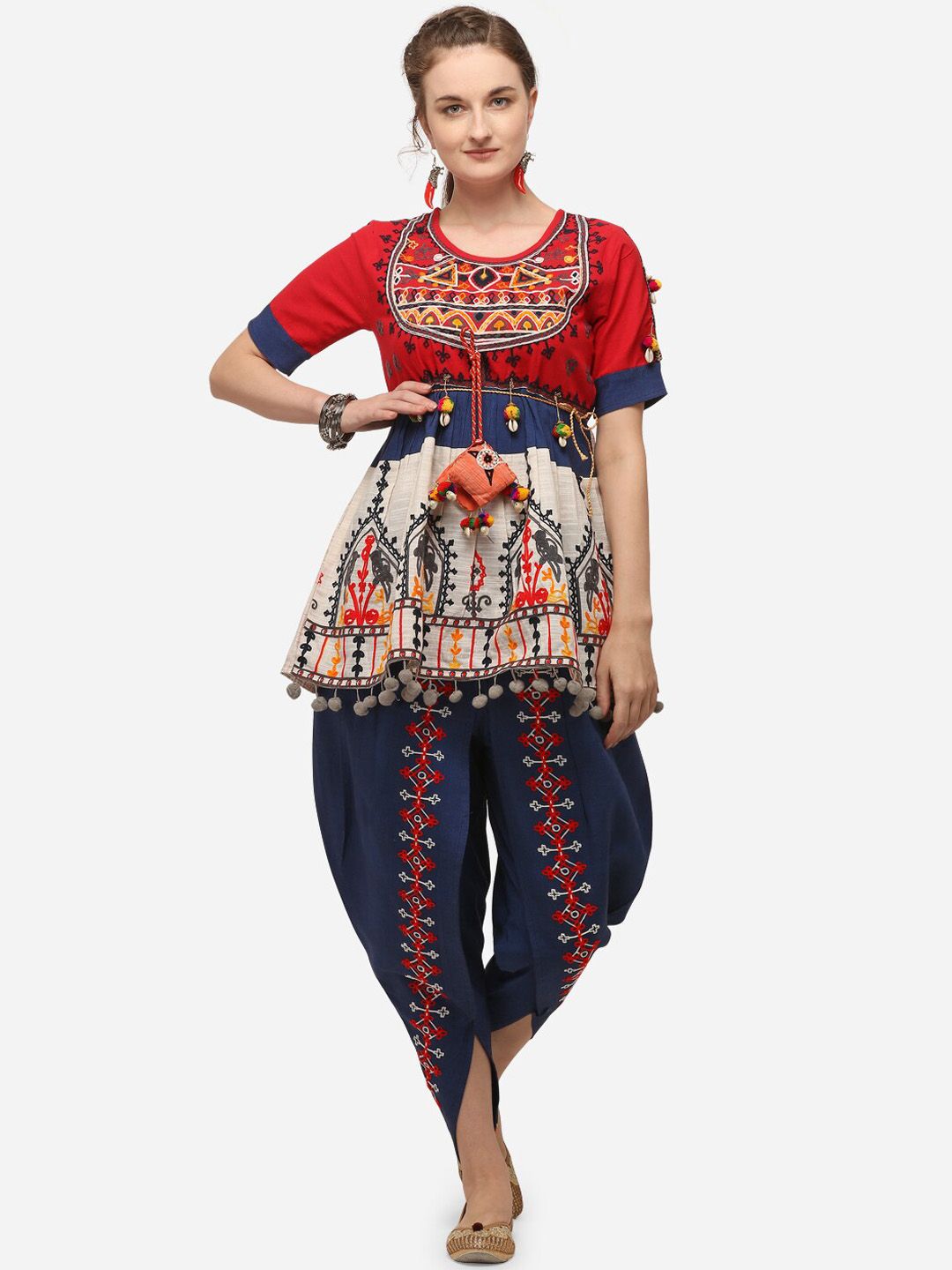 MESMORA FASHION Women Red And Navy Blue Heavy Navratri Kedia Top and Tulip Pant Combo Price in India