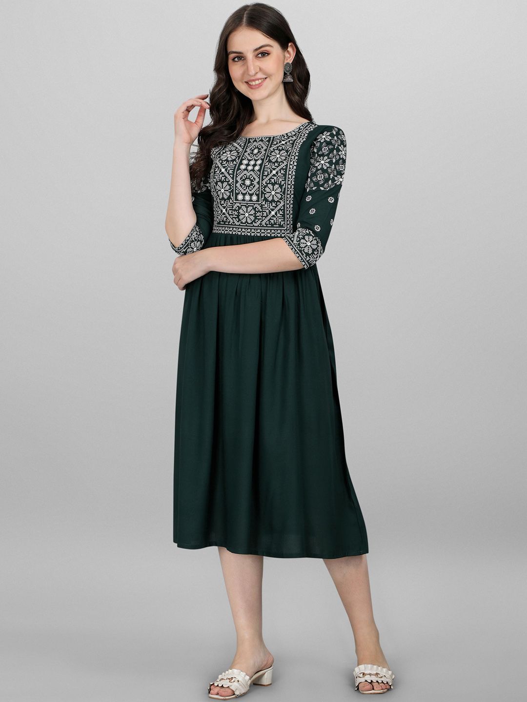 FabFairy Green Ethnic Motifs Embroidered Midi Dress Price in India