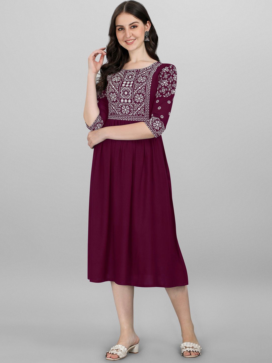 FabFairy Purple & White Embroidered Midi Dress Price in India