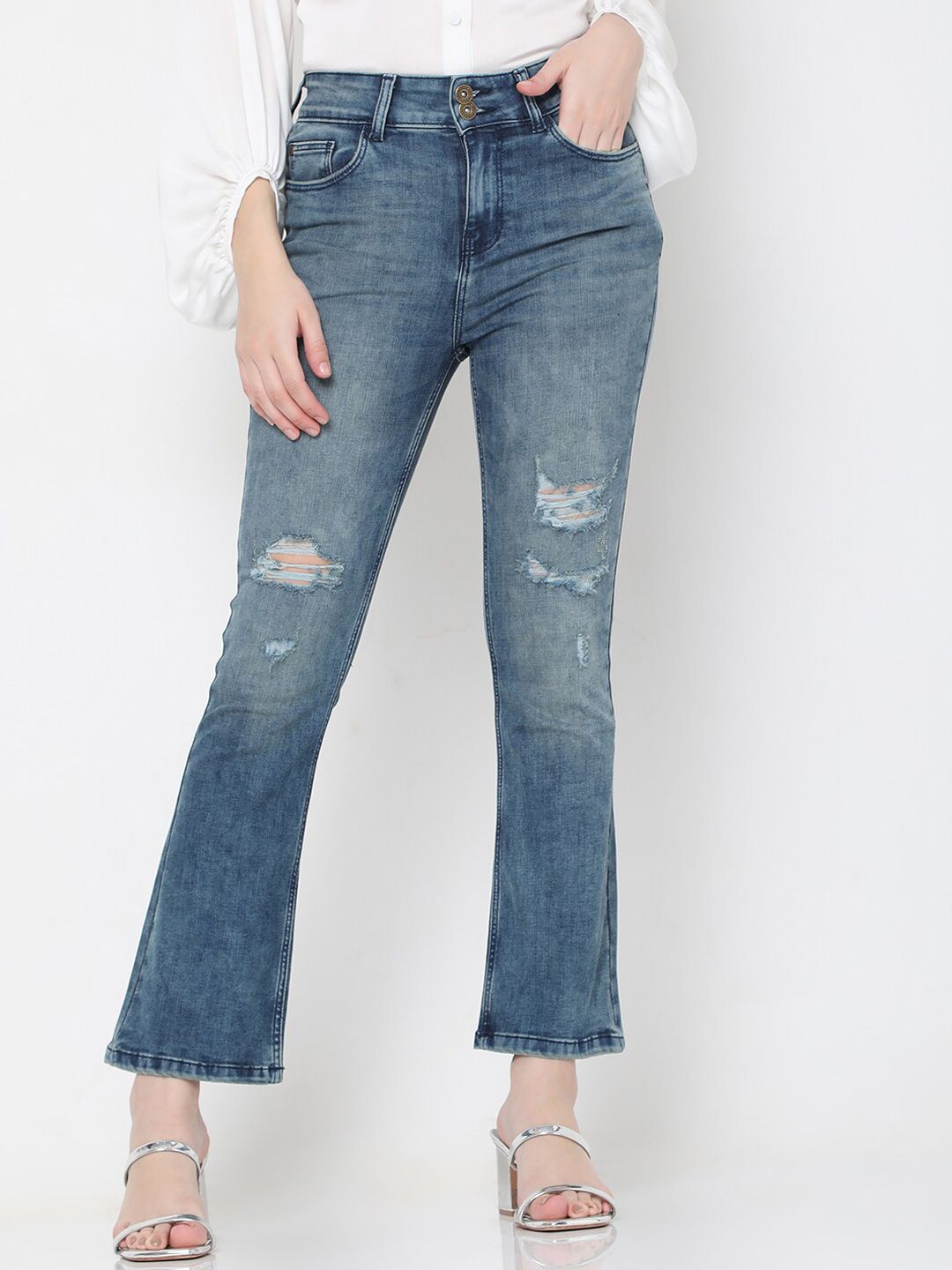 Vero Moda Women Blue Bootcut High-Rise Mildly Distressed Stretchable Jeans Price in India