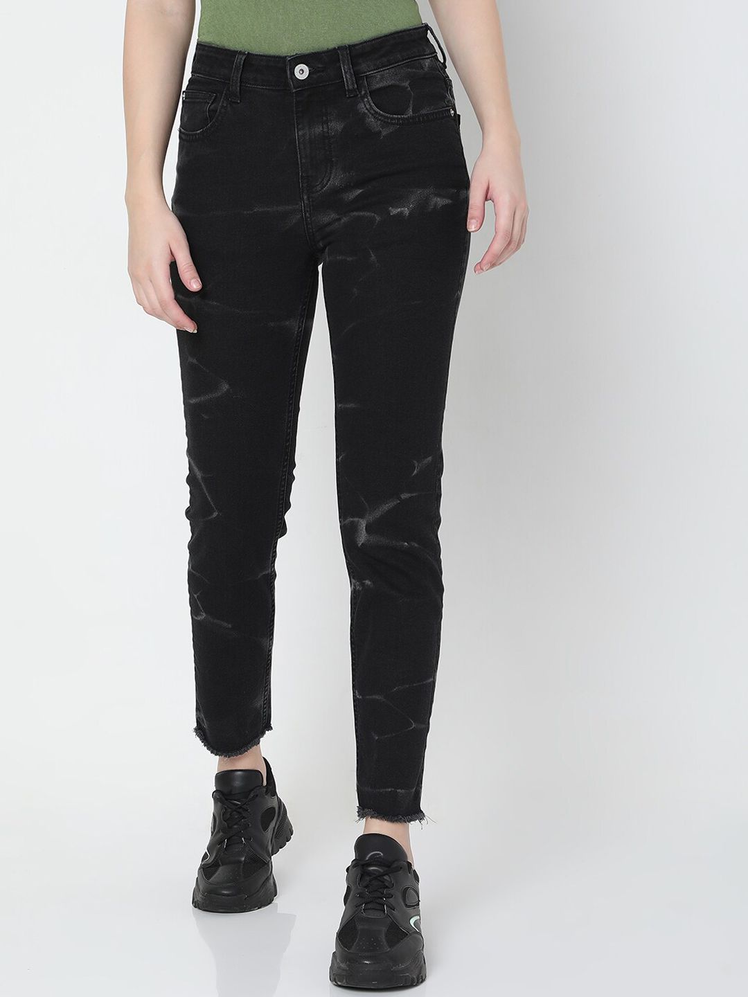 Vero Moda Women Black Straight Fit High-Rise Mildly Distressed Light Fade Stretchable Jeans Price in India