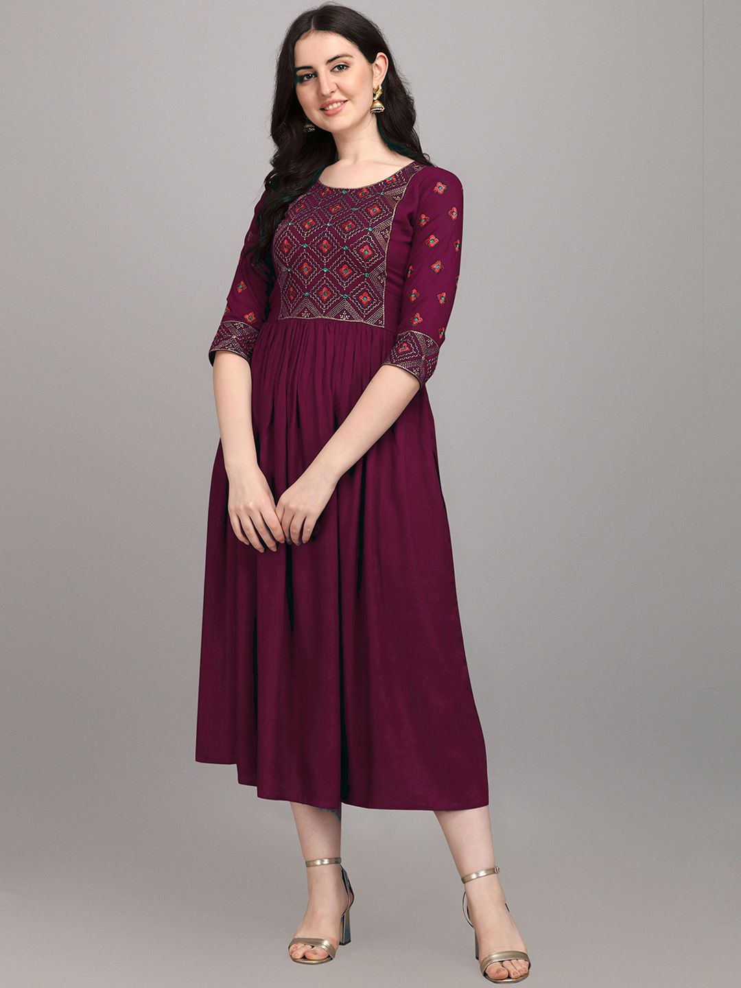 FabFairy Purple Ethnic Motifs Embroidered Dress Price in India