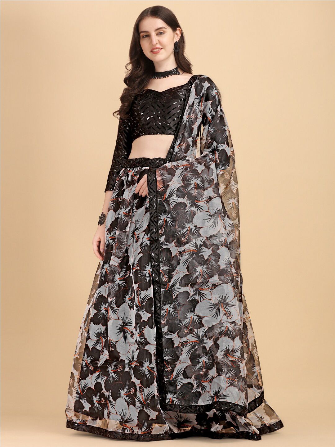 Amrutam Fab Black Embroidered Sequinned Semi-Stitched Lehenga & Unstitched Blouse With Dupatta Price in India