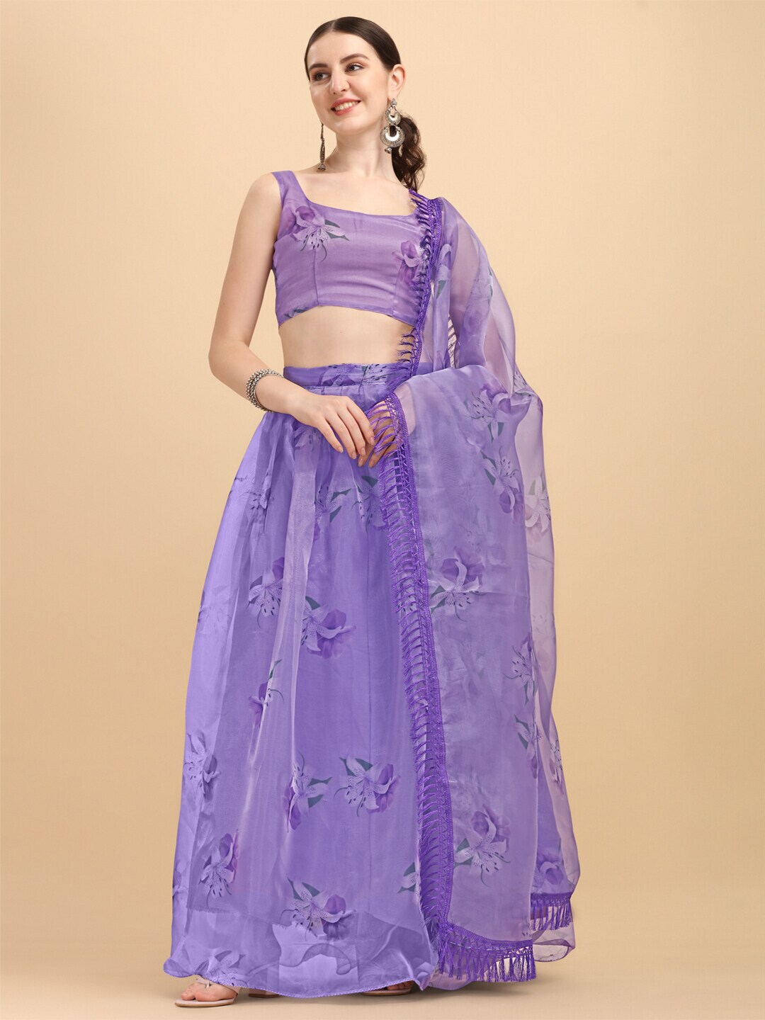 Amrutam Fab Purple Printed Semi-Stitched Lehenga & Unstitched Blouse With Dupatta Price in India