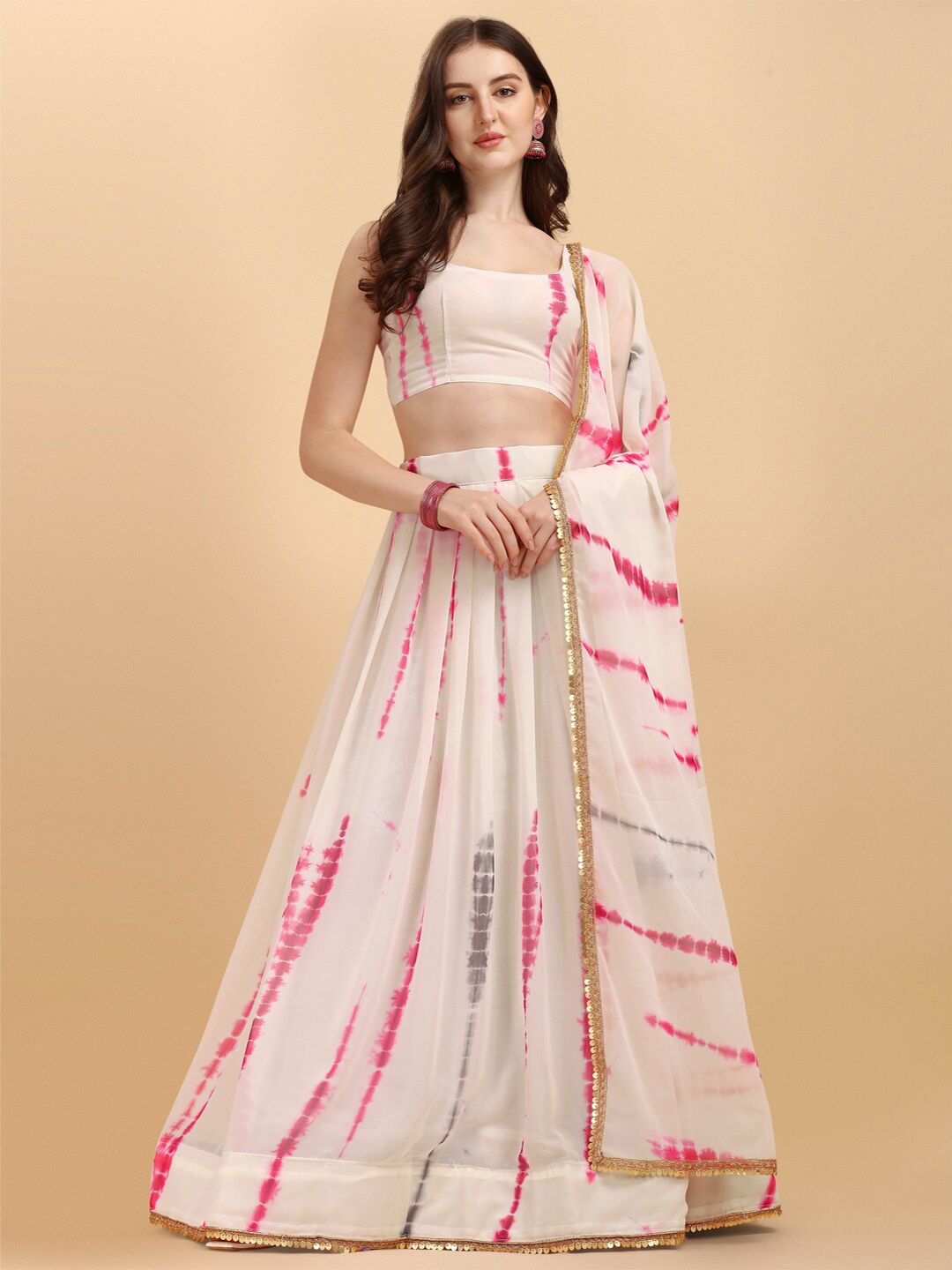 Amrutam Fab White & Pink Printed Semi-Stitched Lehenga & Unstitched Blouse With Dupatta Price in India