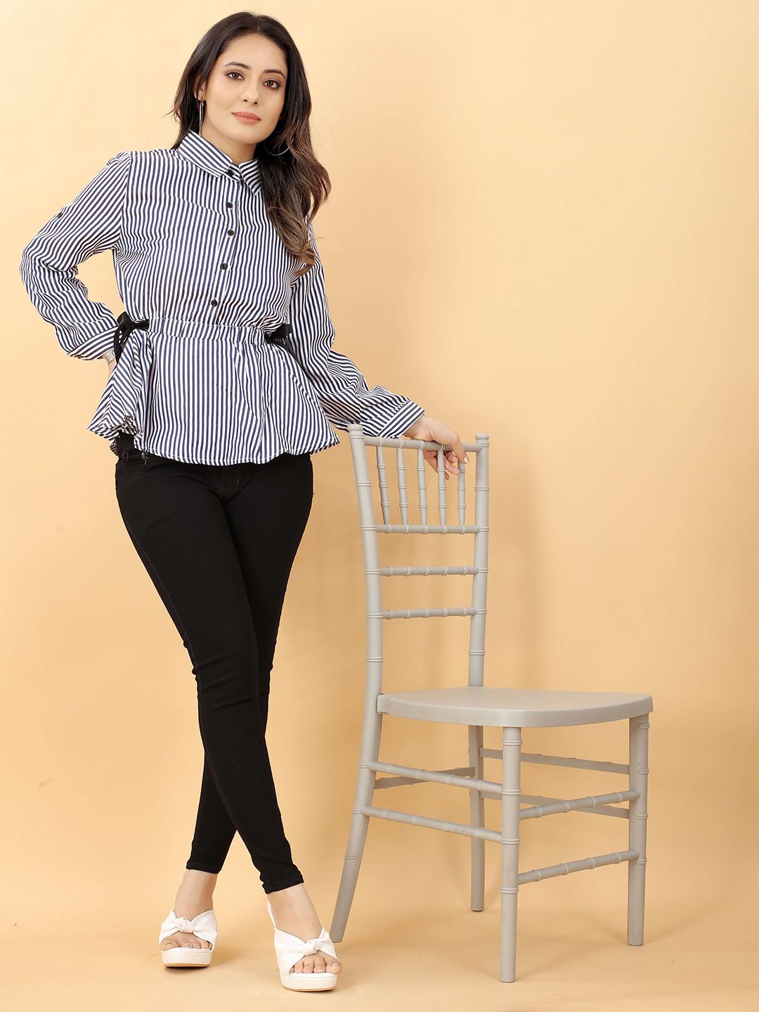 RACHNA Grey & Black Striped Crepe Shirt Style Top Price in India