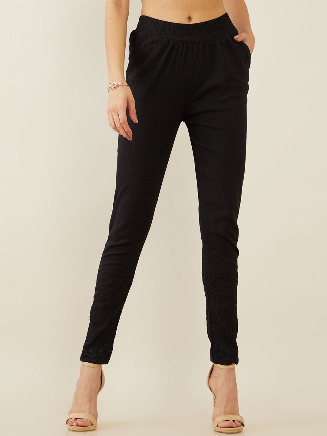 Soch Women Black Slim Fit High-Rise Trousers Price in India