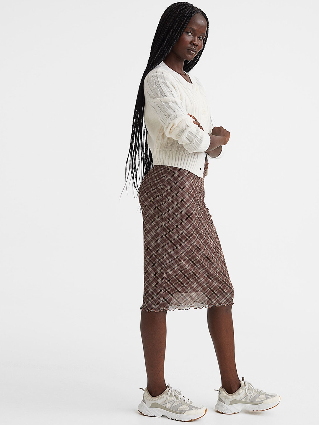 H&M Women Brown Checked Mesh Skirt Price in India