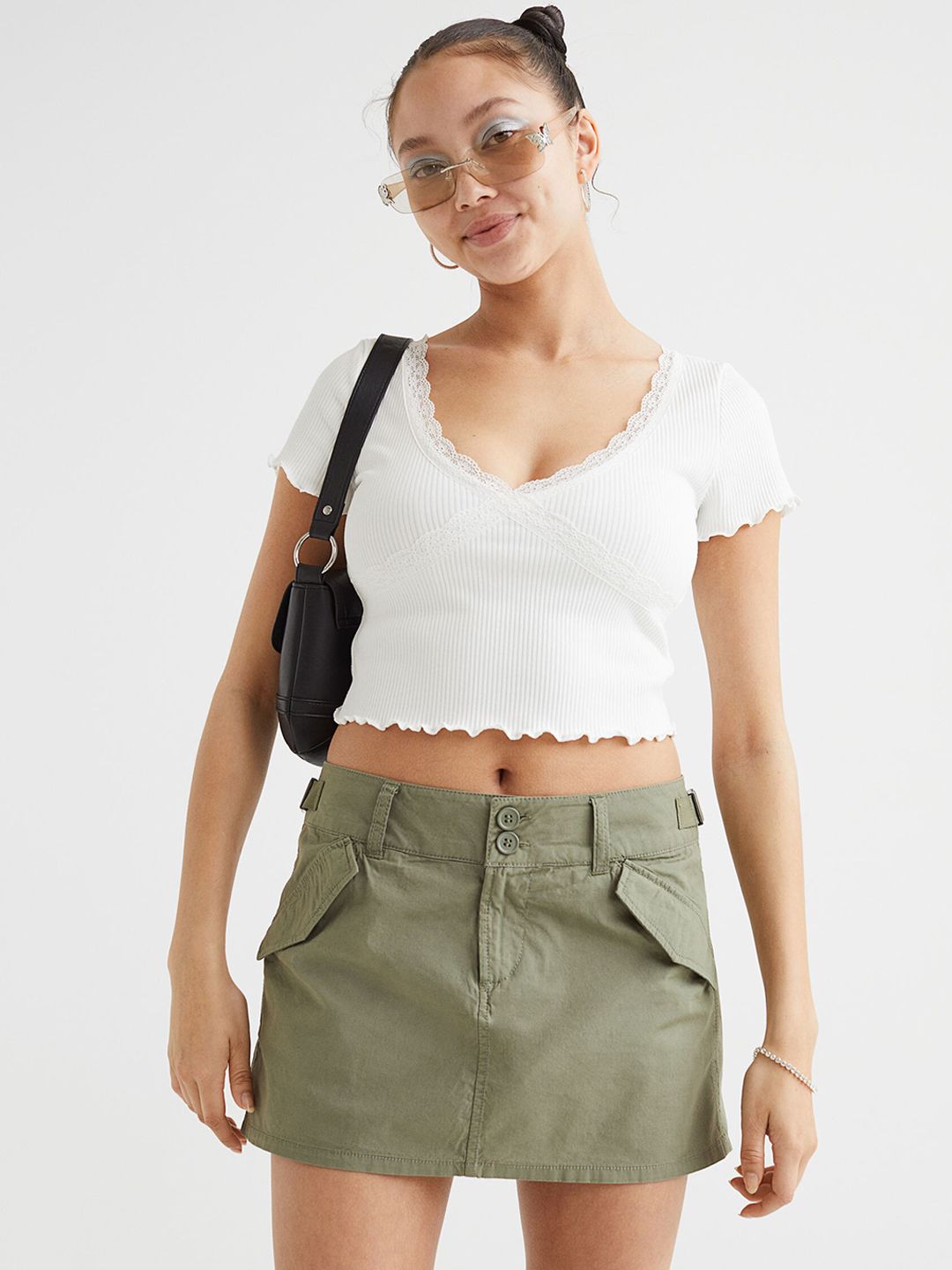 H&M Women Olive Green Cotton Utility Skirt Price in India