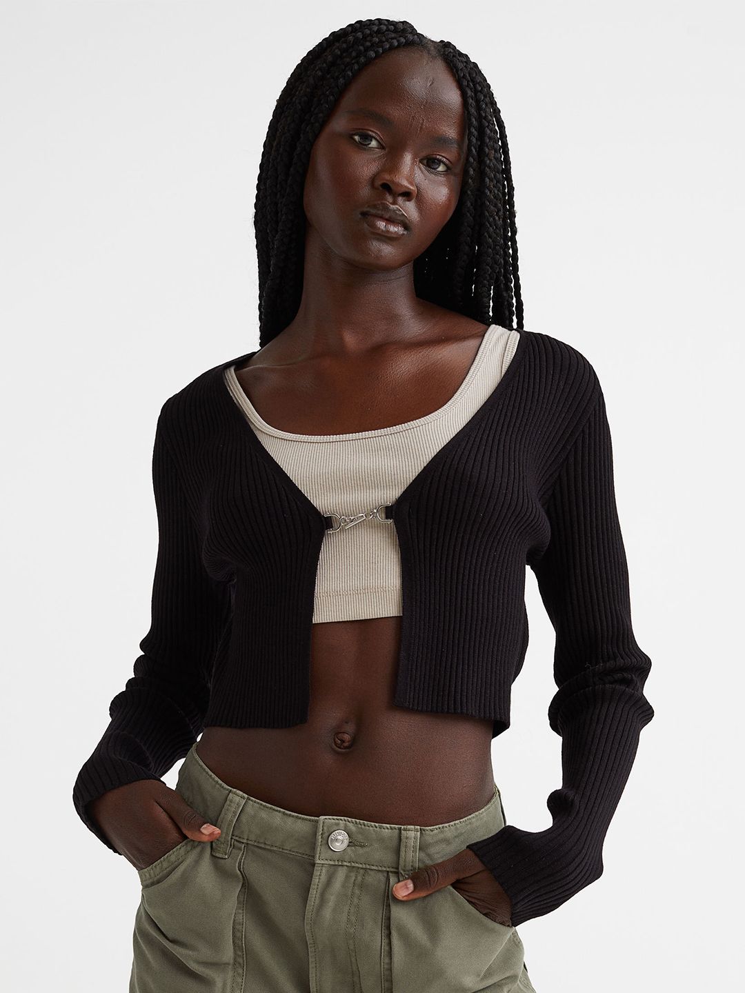 H&M Women Black Cropped Rib-Knit Cardigan Price in India