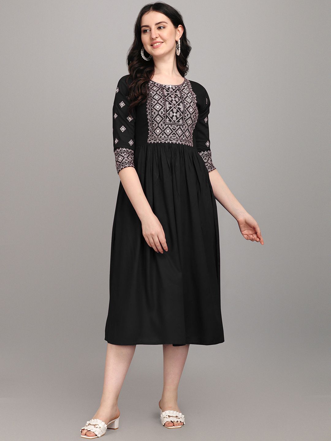 FabFairy Black Embroidered Midi Dress Price in India