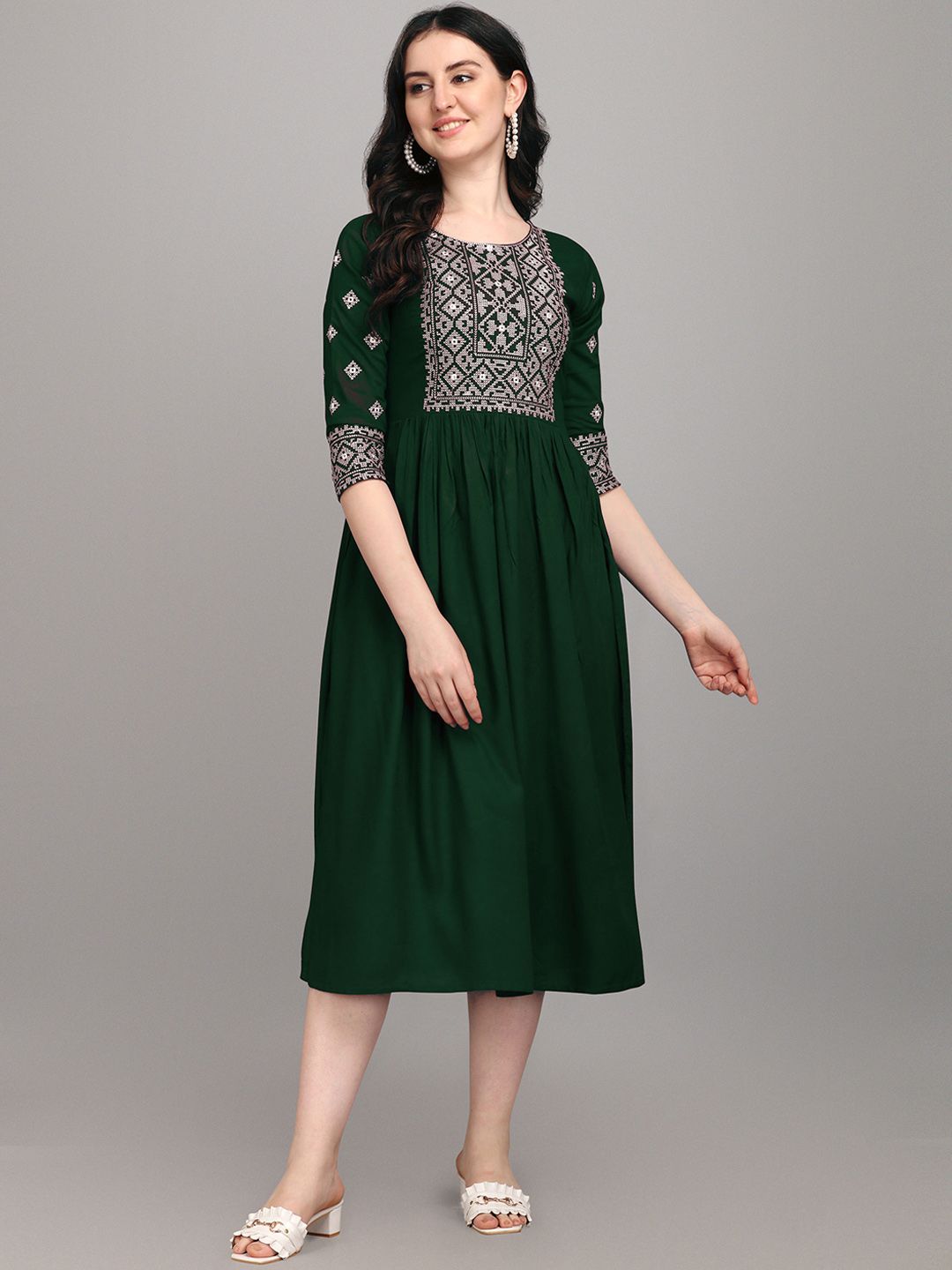 FabFairy Women Green Fit & Flare Mirror Work Dress Price in India