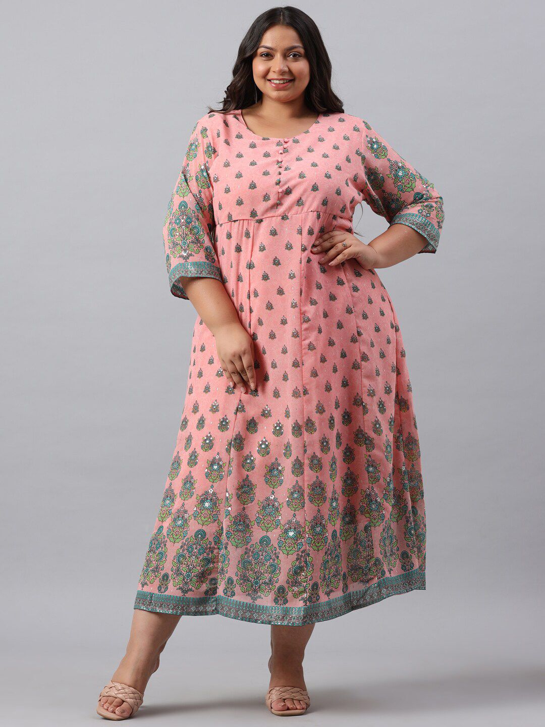 Juniper Pink Plus Size Ethnic Motifs Georgette Ethnic Empire Midi Dress Price in India