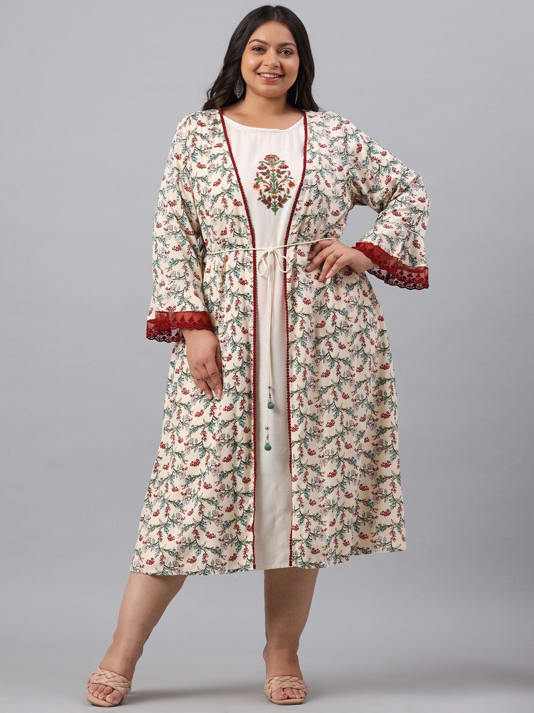 Juniper Off White & Maroon Floral Ethnic A-Line Midi Dress Price in India