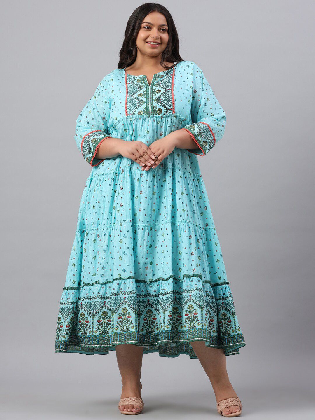 Juniper Plus Size Blue & Green Ethnic Motifs Ethnic A-Line Midi Dress Price in India