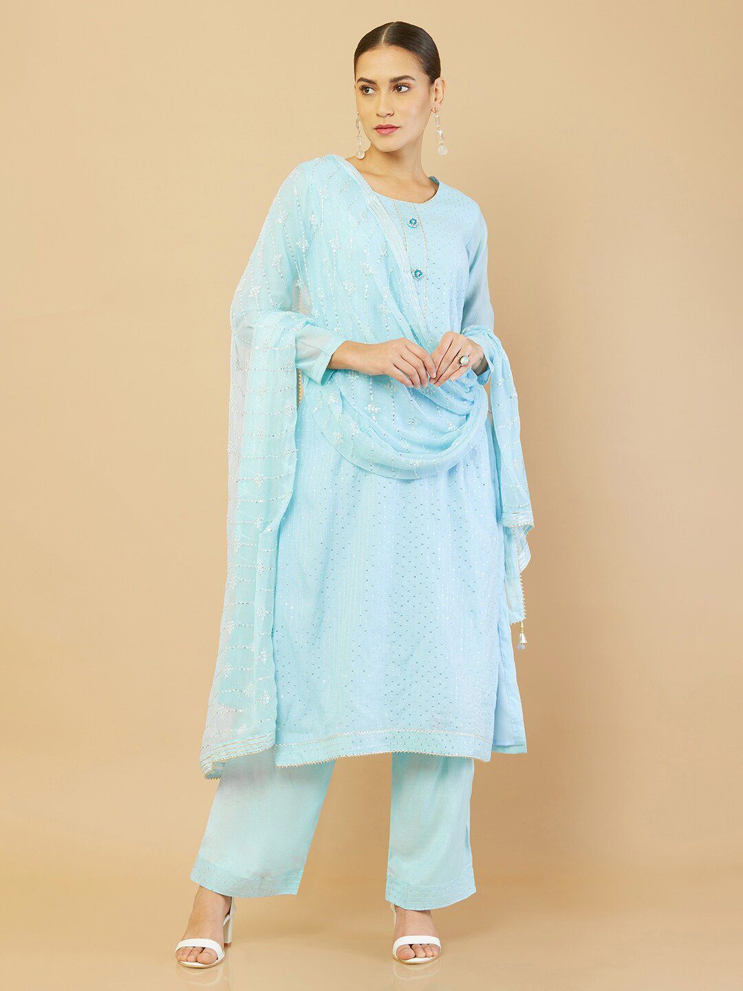 Soch Blue Embroidered Jute Silk Unstitched Dress Material Price in India