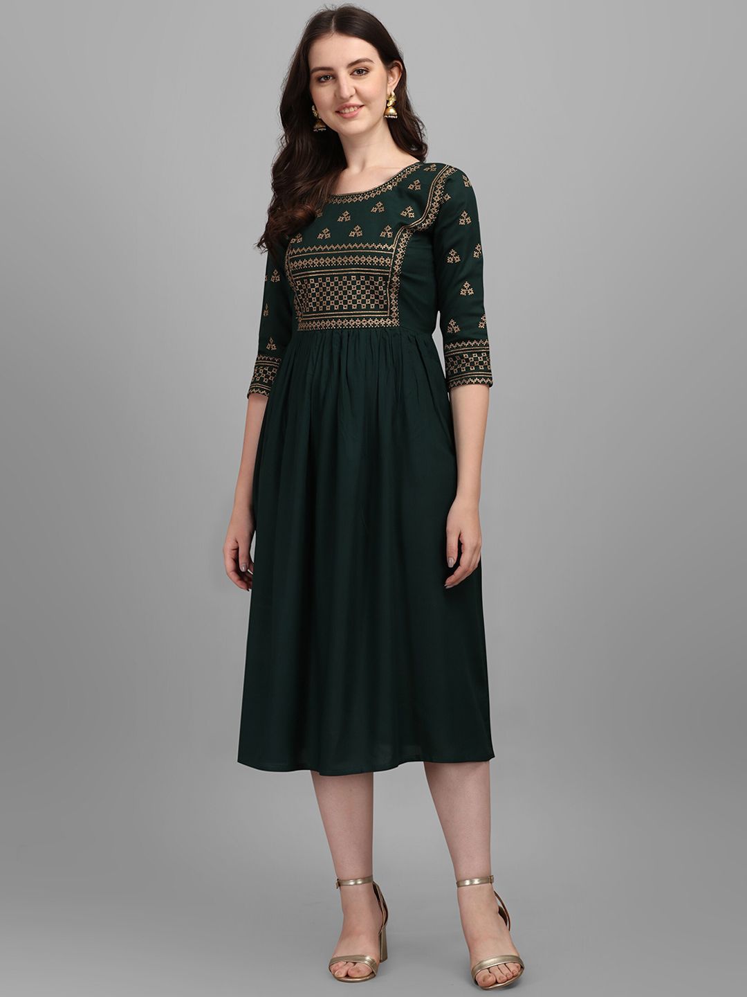 FabFairy Green Ethnic Motifs Midi Dress Price in India