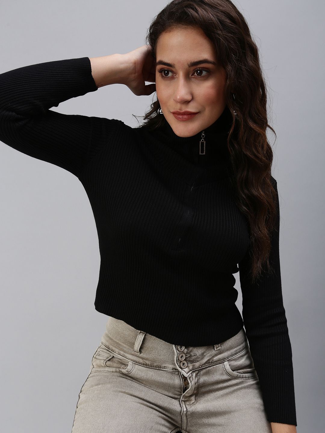 SHOWOFF Women Black Solid High Neck Acrylic Top Price in India