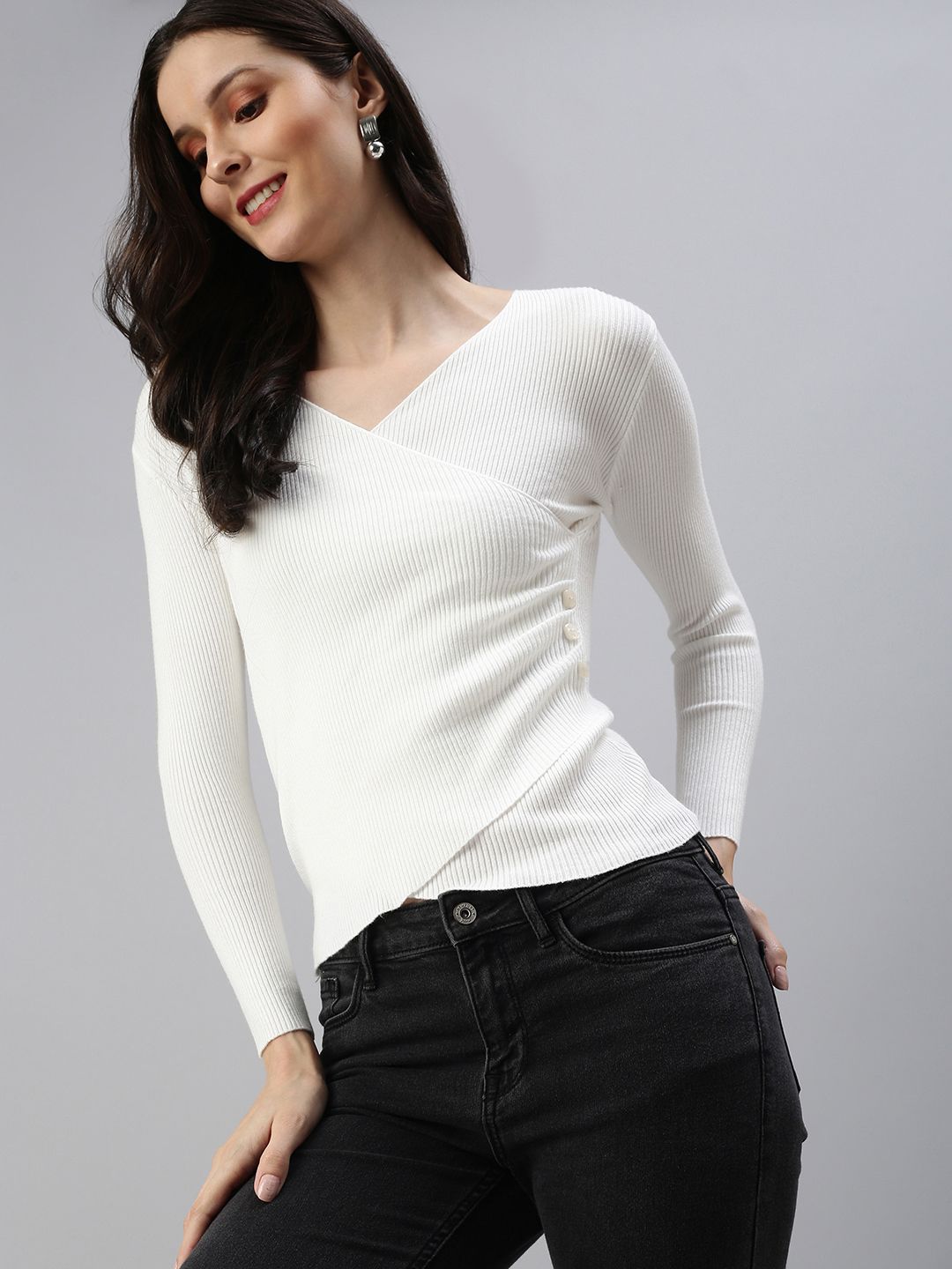 SHOWOFF Women White Solid V-Neck Wrap Top Price in India